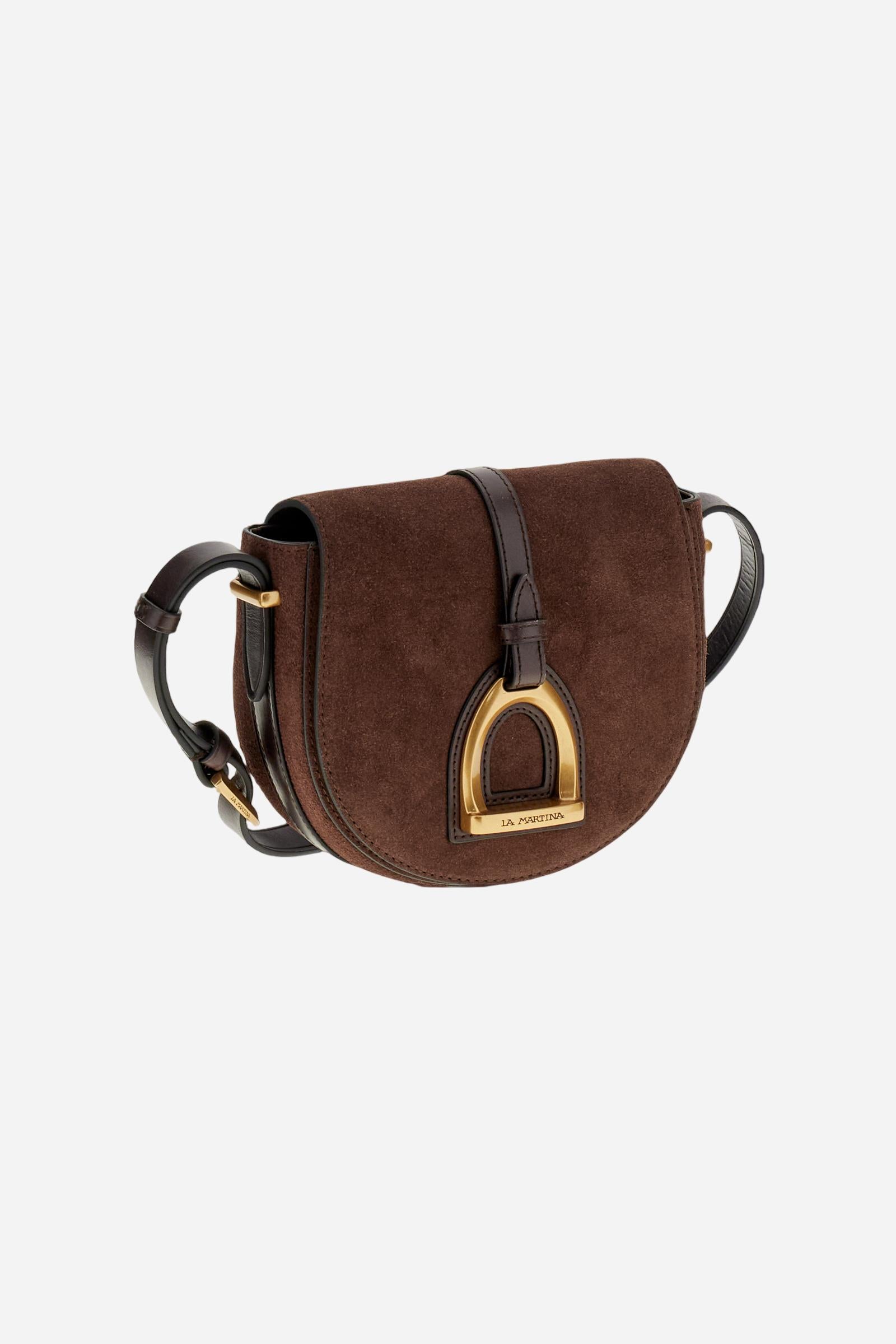 Curved-design suede crossbody bag with front flap. Enhanced with a large gold-tone metal buckle and contrasting leather details. - D.BROWN/D.CHOCOLATE