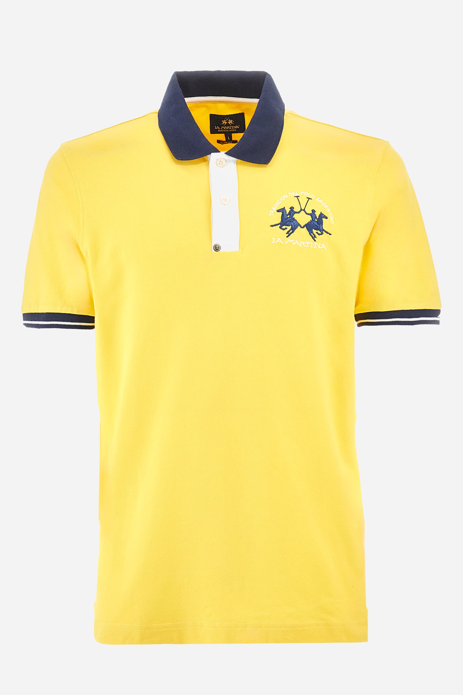Men's single-colour short-sleeved polo in elasticated cotton. Fastens with two contrasting buttons. Ribbed collar and armholes in different shades. The "La Martina" lettering can be found under the collar. A large logo is embroidered on the chest. The fit is slim. The model wears a size L. - Aspen Gold