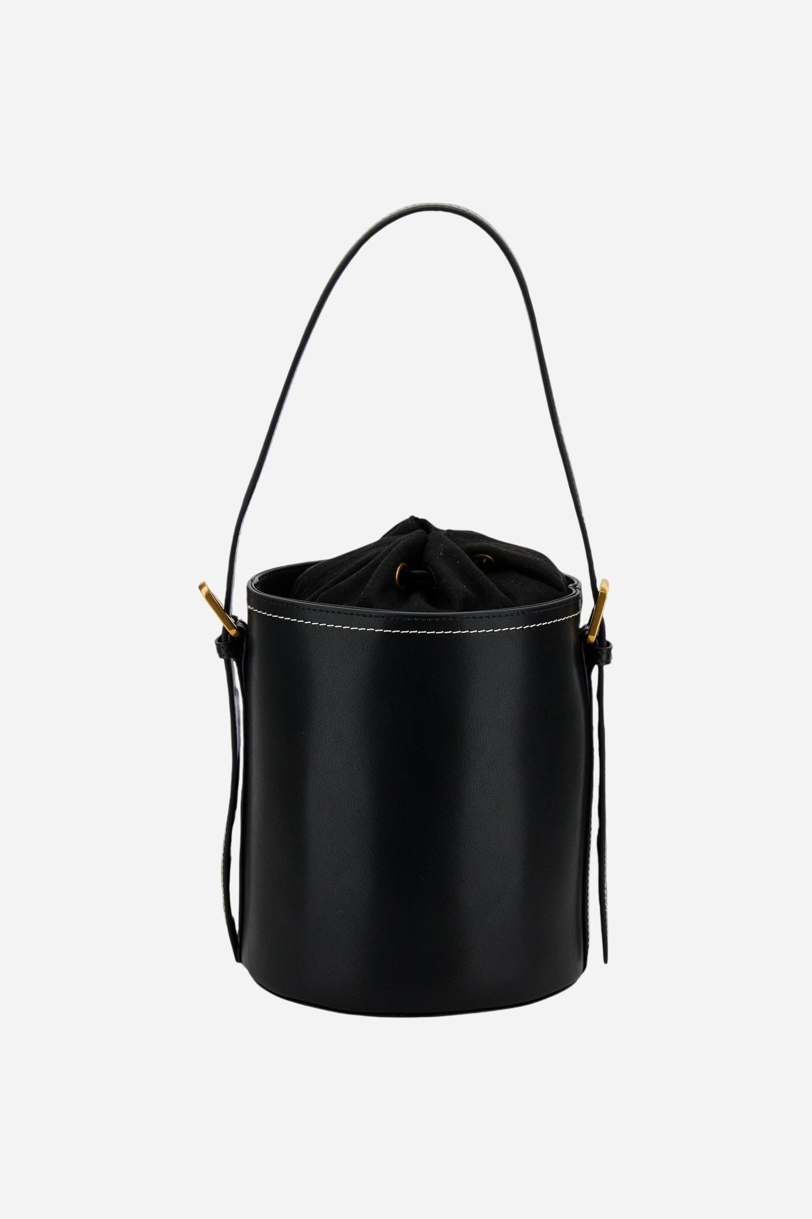 Structured bucket bag in soft calfskin with gold maxi logo buckle on the front, featuring a clean and refined design. - Black