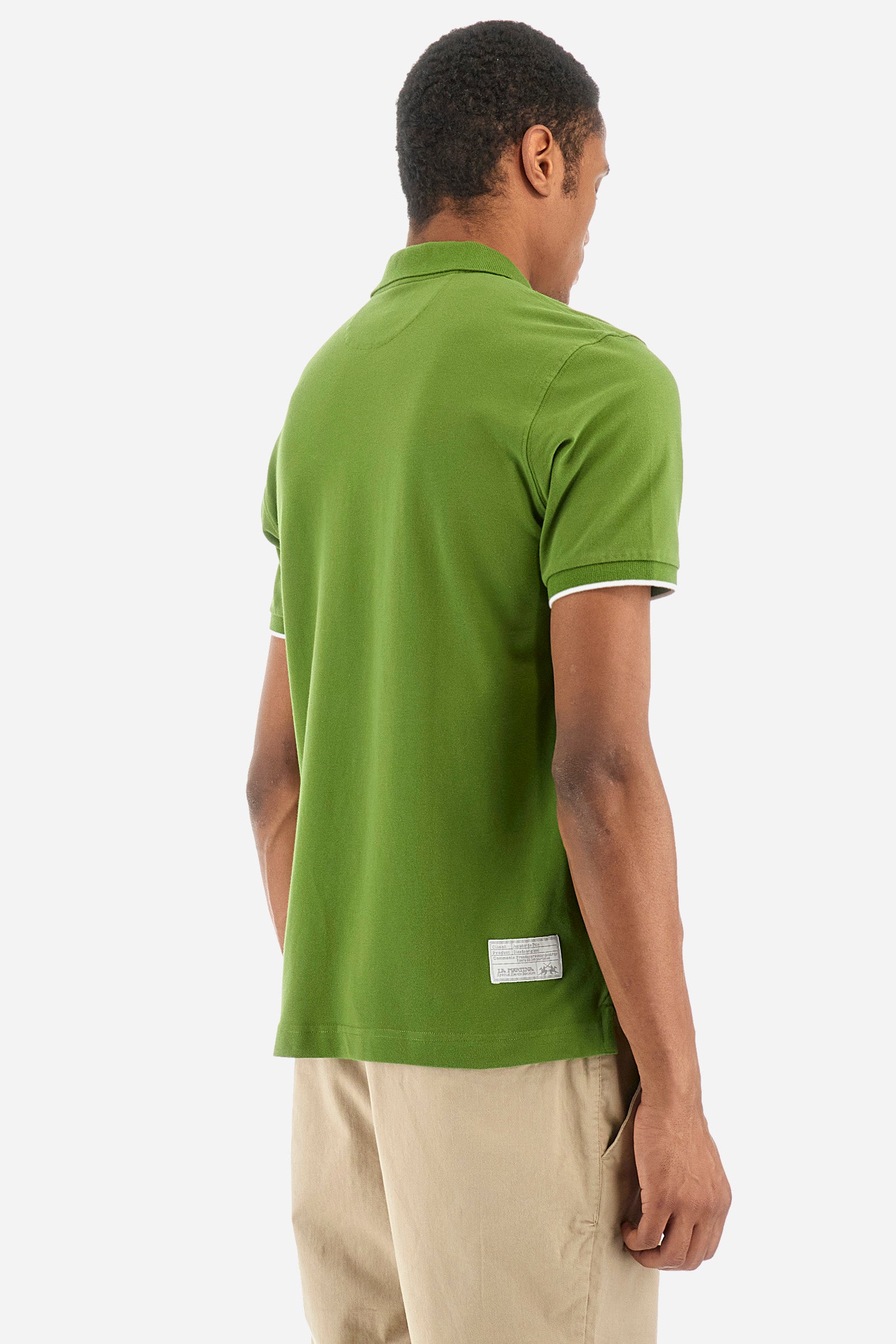 Men’s polo with short sleeves, regular fit. Made of stretch pique cotton. Classic model, with large embroidered logo in contrasting tone on the chest and profiled sleeve edges. The collar is accompanied by the writing La Martina, in contrasting tone. Ideal if worn with a denim collection. The model wears a size L. - Cactus