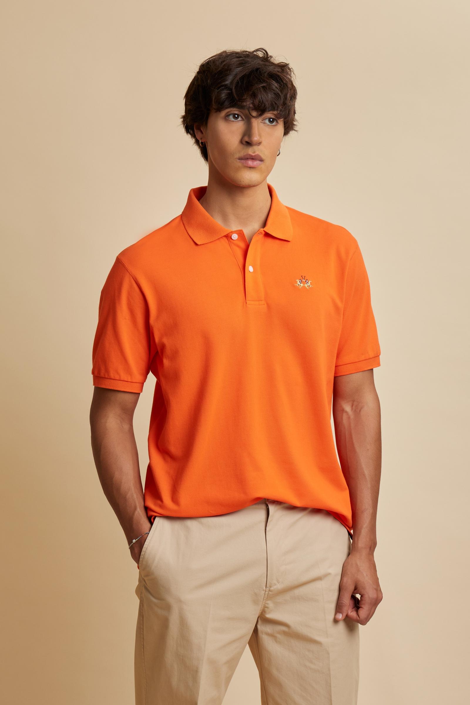 Men’s short-sleeve stretch piqué polo with regular fit. Contrast gabardine under-collar and iconic tricolor logo. - Flame