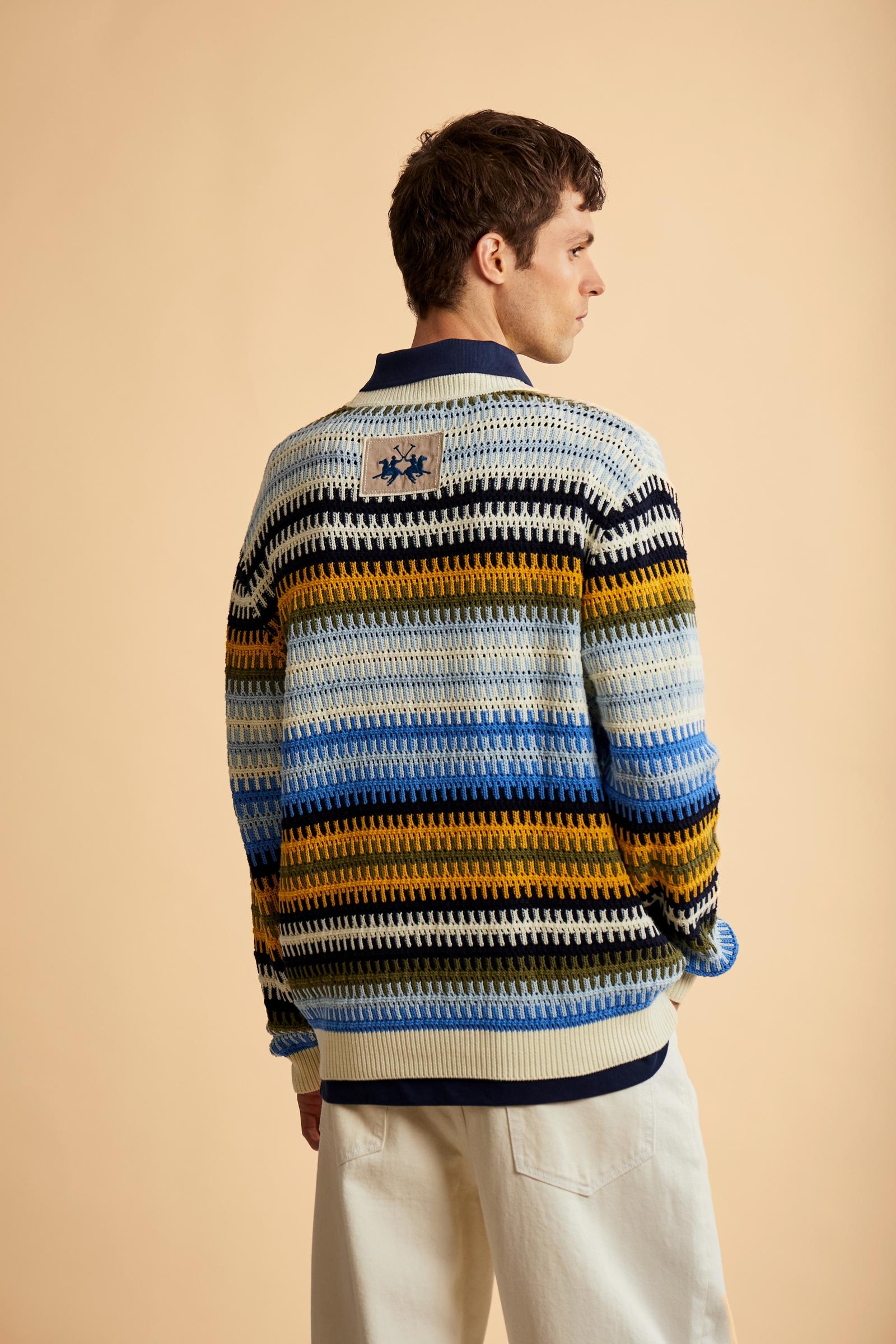 Cotton sweater with textured knit and geometric 3D pattern. Dynamic and refined look. Relaxed fit with ribbed trims and logo patch on the back. - Navy/SnowWhite