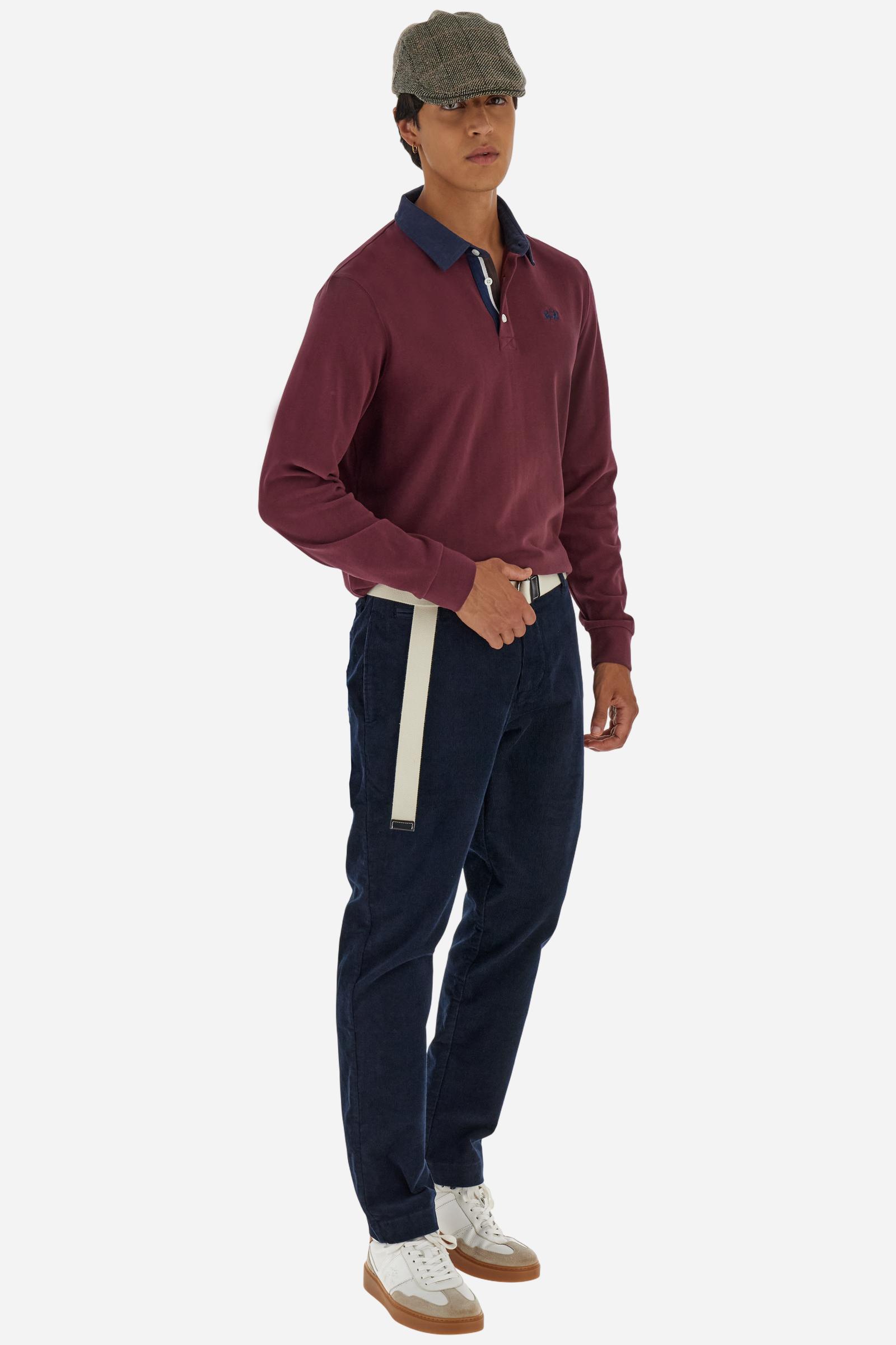 Classic men’s long-sleeve polo in soft-touch 100% cotton jersey. Contrast gabardine collar, three-button placket with multicolor striped tape. Iconic La Martina lettering printed in contrast under the collar. Small contrast logo embroidered on the chest. Regular fit for a balanced silhouette. Model wears size L. - Port Royale
