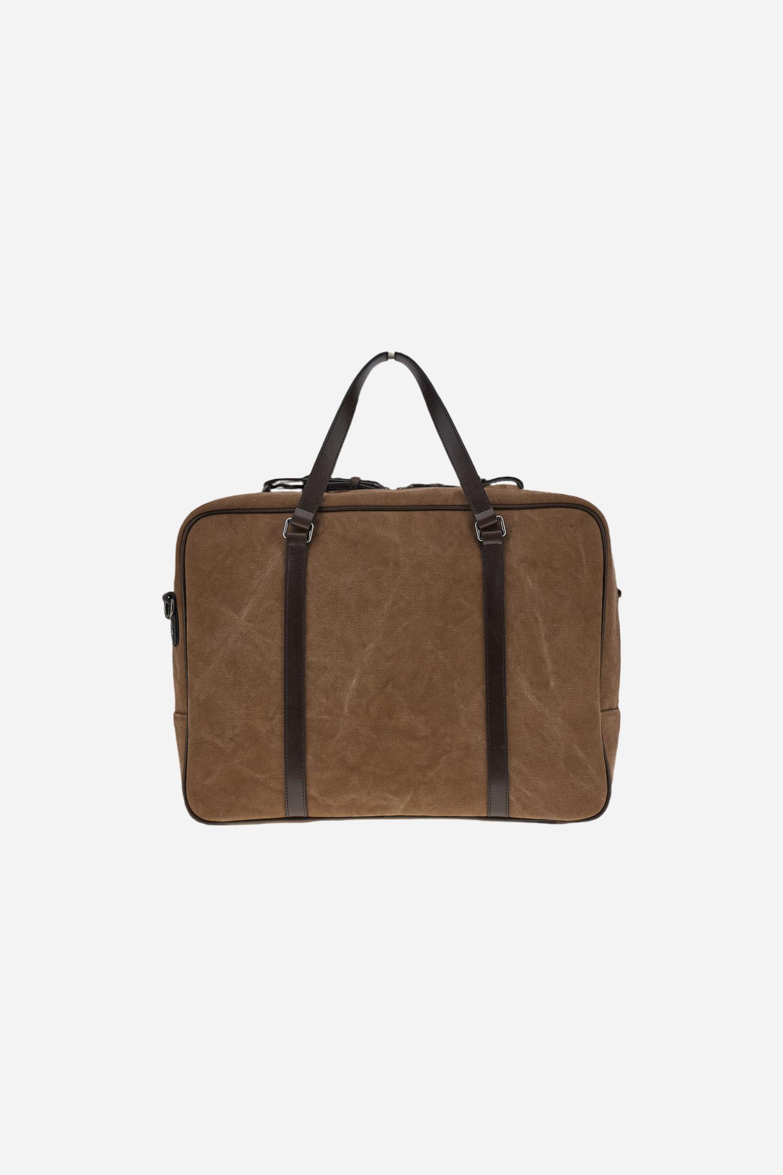 Semi-rigid briefcase in washed canvas and leather. Practical and functional, with shoulder strap, multiple pockets and embossed leather tag. - COCOA