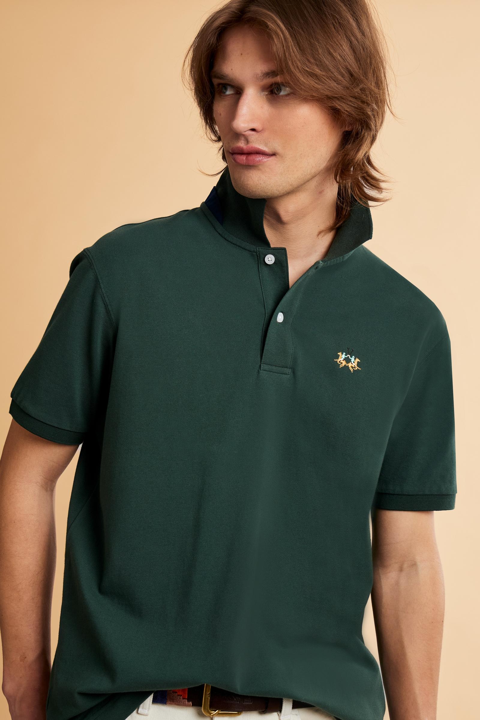 Men’s short-sleeve stretch piqué polo with regular fit. Contrast gabardine under-collar and iconic tricolor logo. - Pineneedle