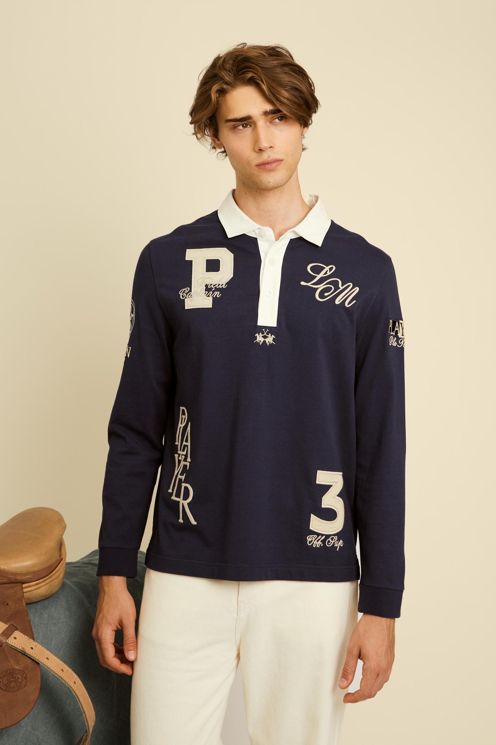 Men’s long-sleeve heavy cotton jersey multi-patch polo - Crispian