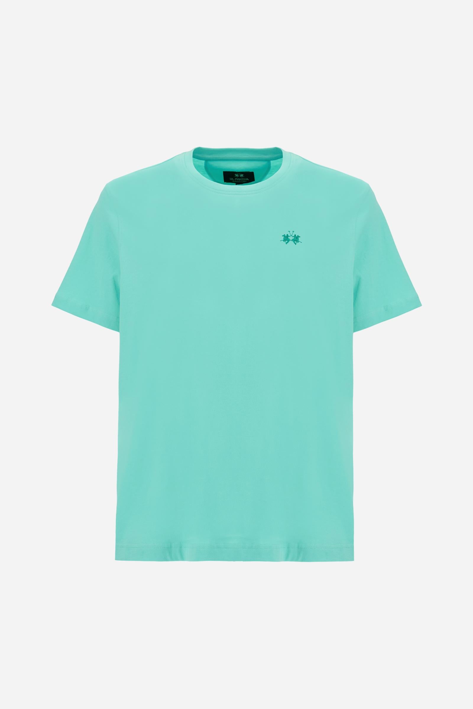 Men’s cotton jersey T-shirt with regular fit and ribbed crew neck. Small contrast embroidered logo. - Opal