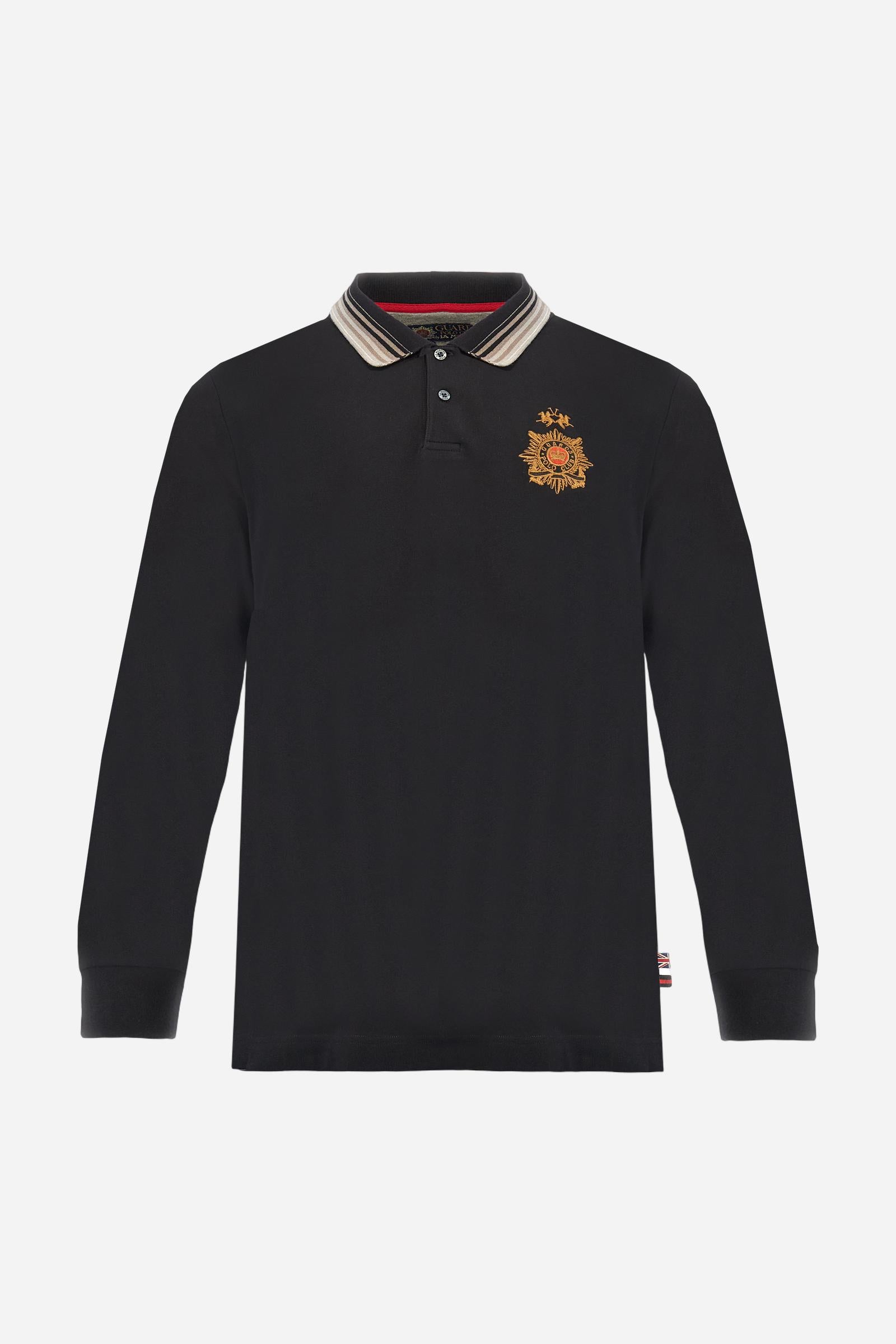 Long-sleeve polo shirt in warm cotton jersey. Ribbed collar with multicolor stripes, contrast inner collar, and two-button placket. Brand logo and Guards crest embroidered in contrast on the chest. Regular fit for a comfortable, versatile silhouette. Model wears size L. - Black