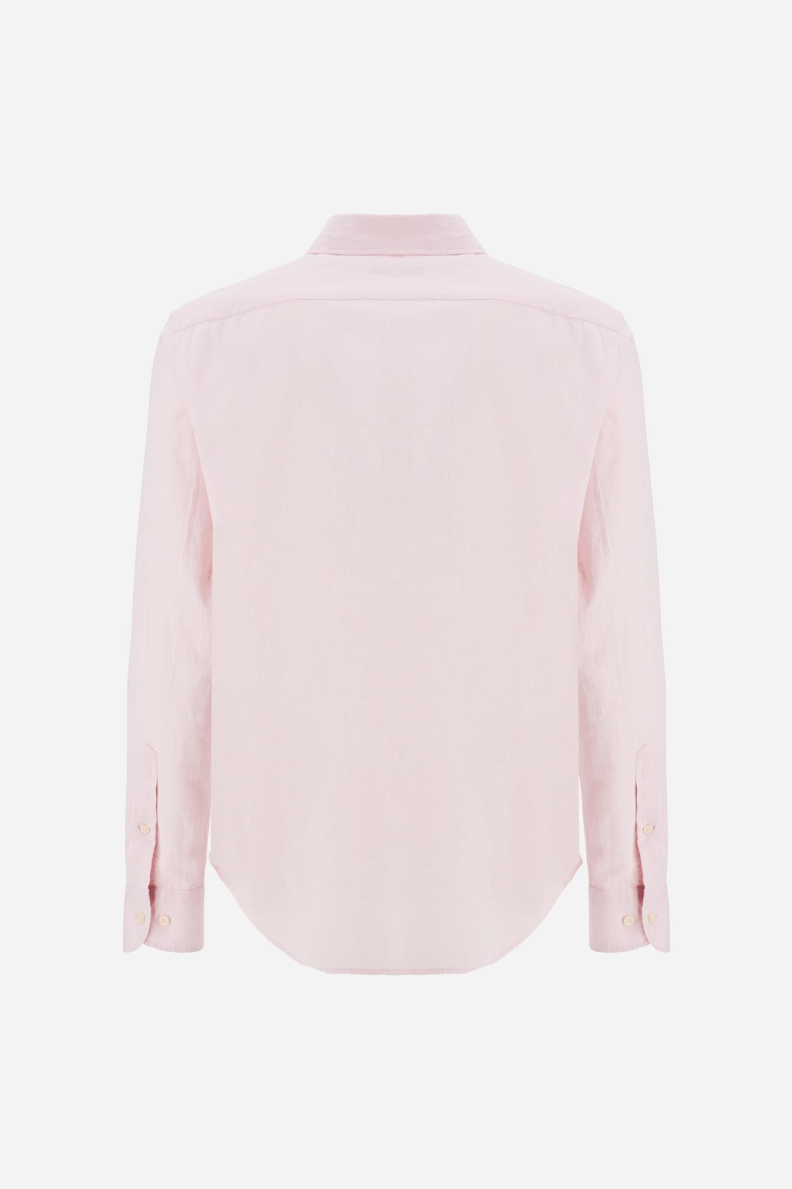Men’s cotton and linen shirt with regular fit and French collar. Tone-on-tone embroidered logo and visible button placket. - Parfait Pink