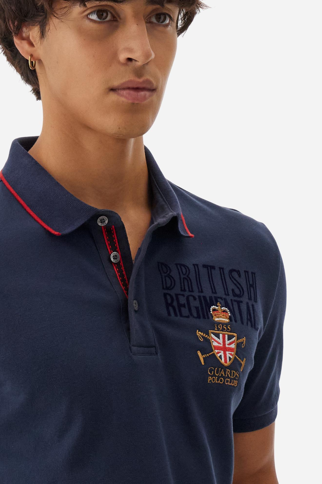 Men’s short-sleeve polo in stretch cotton piqué, regular fit with ribbed details and British Polo graphics, part of the Guards capsule. - Navy