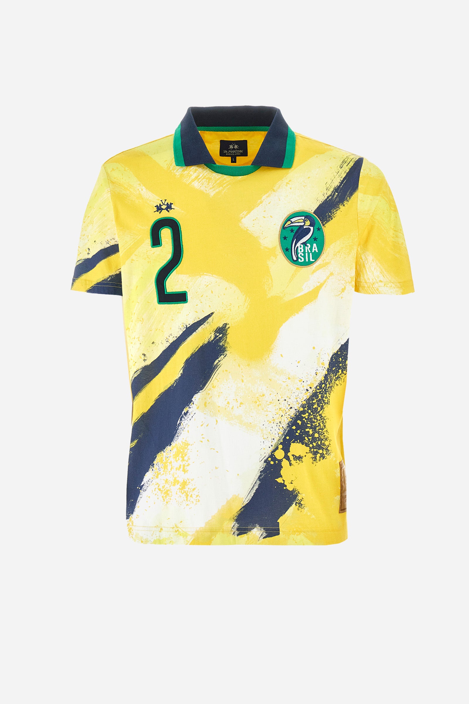 Men's multi-coloured short-sleeved polo shirt in 100% cotton. Crew-neck polo shirt with pointed collar featuring the representative colours of Brazil. On the chest there is a patch with the number 2 and a patch with a characteristic symbol of the nation. On the back we find the word "Brazil", the number two and other symbols. The logo is embroidered on both the front and back. The fit is regular. The model wears a size L. - SulphurSpring/OptWhi