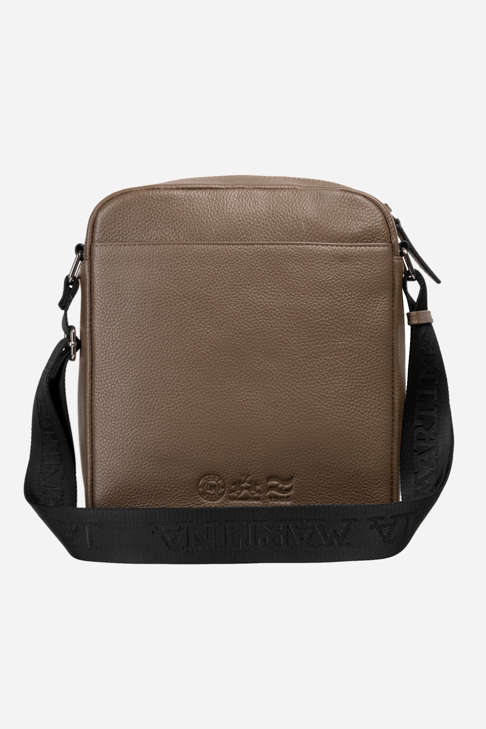 Single-colour men's crossbody bag, made from 100% leather. Featuring a zip fastening and adjustable shoulder strap. Inside there are two pockets: one open and one with a zip. The words 'La Martina' are embossed on the front. Dimensions (width x depth x height) 22x27x7cm. - Taupe Gray