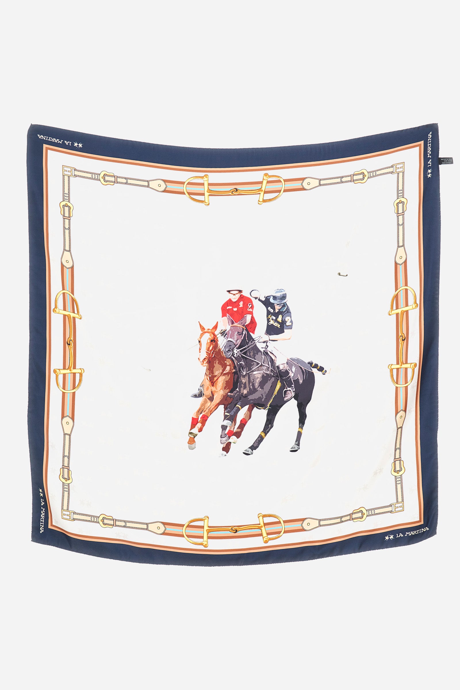 This scarf is part of an exclusive La Martina collection. The vibrant graphics of this silk twill scarf made in Italy are inspired by the world of polo. Perfect to embellish your outfit with a touch of sophistication. The scarf is delivered in a custom square box. - Birch / Navy