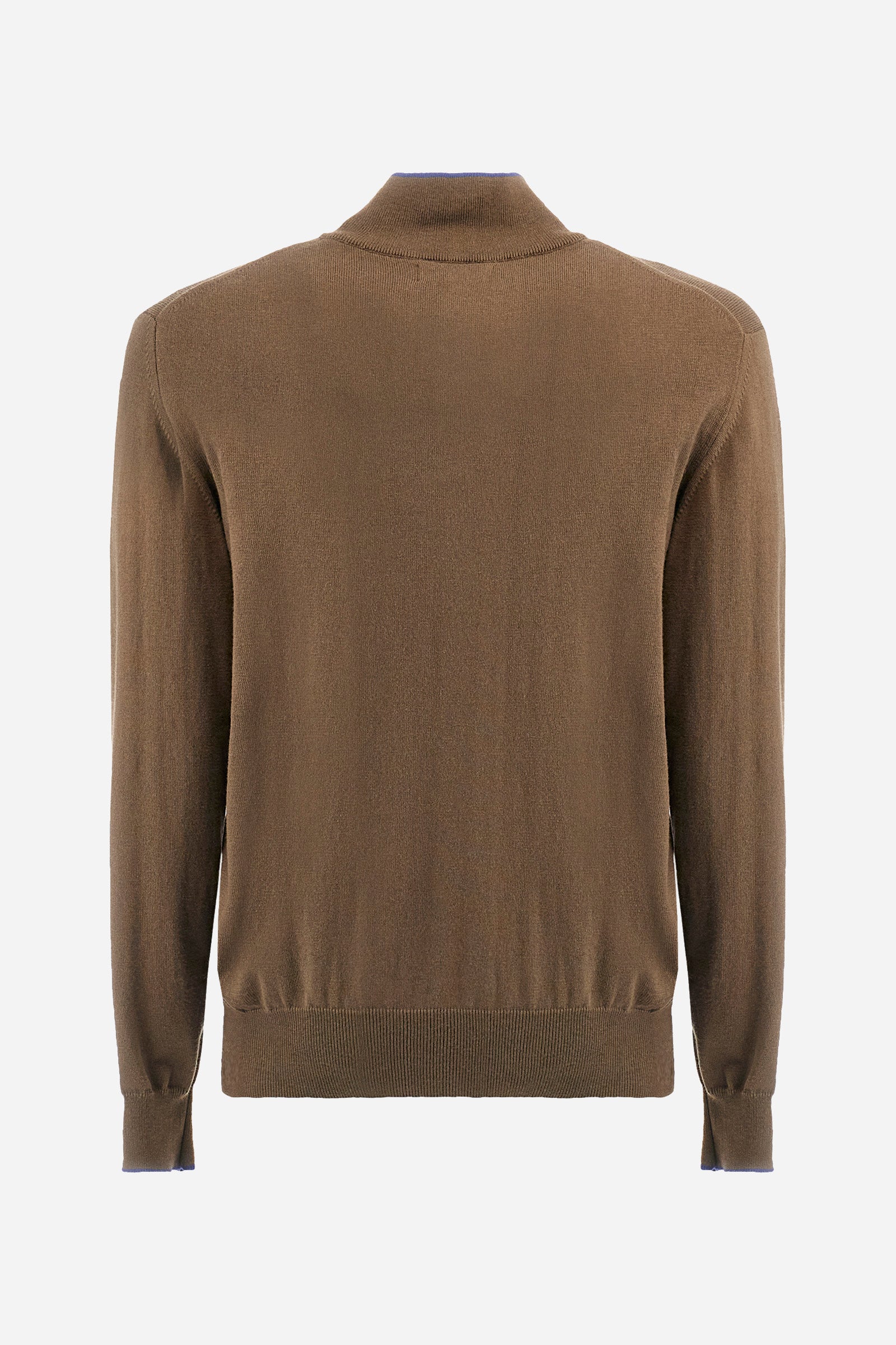 Men's plain mock polo neck pullover with long sleeves. Trimmed collar with a half zip, made from ribbed fabric to match the cuffs and hem. Made from a blend of cotton and wool. Featuring a small embroidered logo on the front. Regular fit. The model is wearing a size L. - Beech