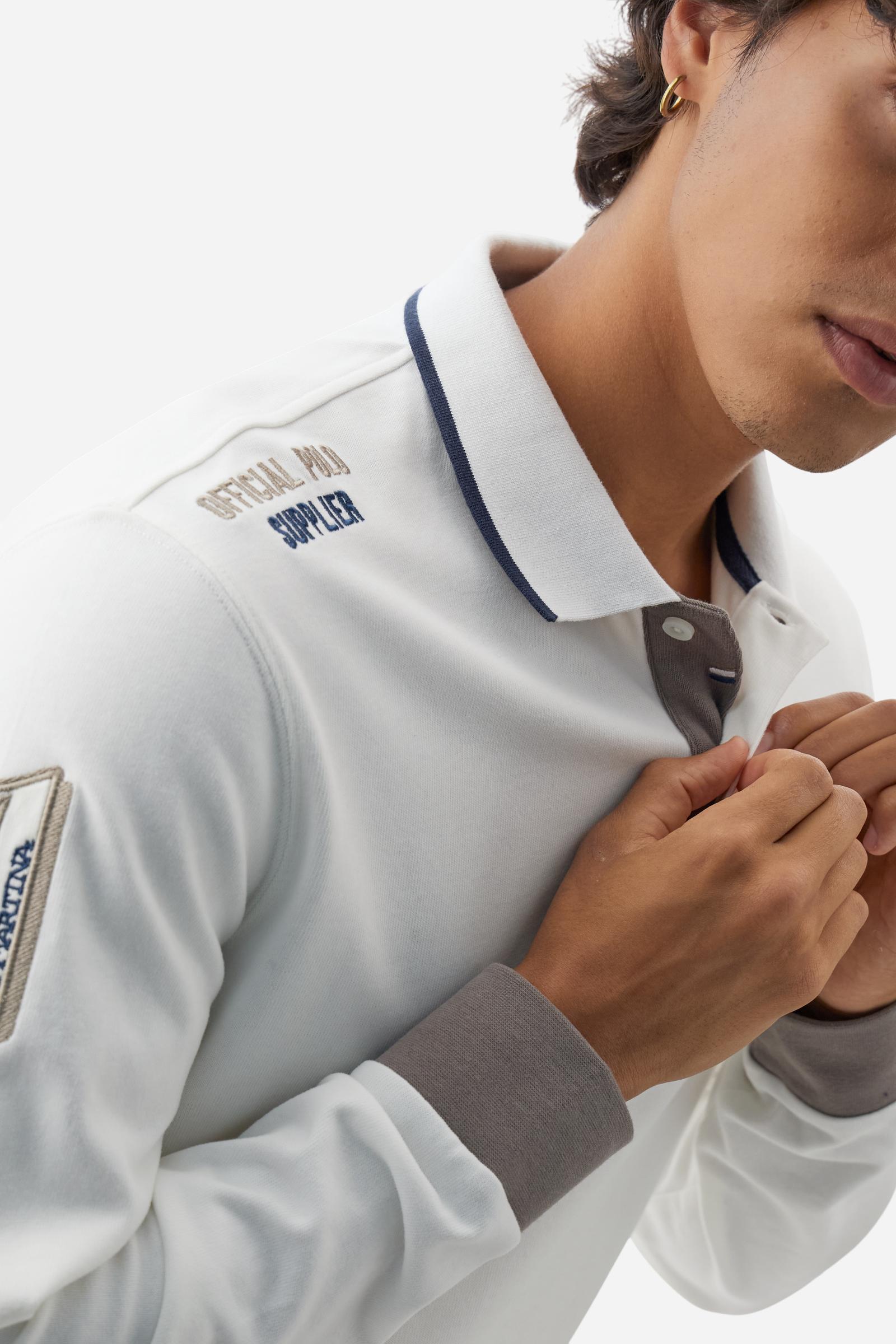 Men’s long-sleeve polo shirt in solid-colour cotton jersey with a warm, matte handfeel. Ribbed collar and cuffs with stripes and colour blocks in contrast, two personalised buttons and contrast details inside the collar. Patches and graphics on sleeves and chest celebrate the Official Polo Supplier team. The large multicolour logo is embroidered on the chest. Regular fit. The model wears size L. - Off White
