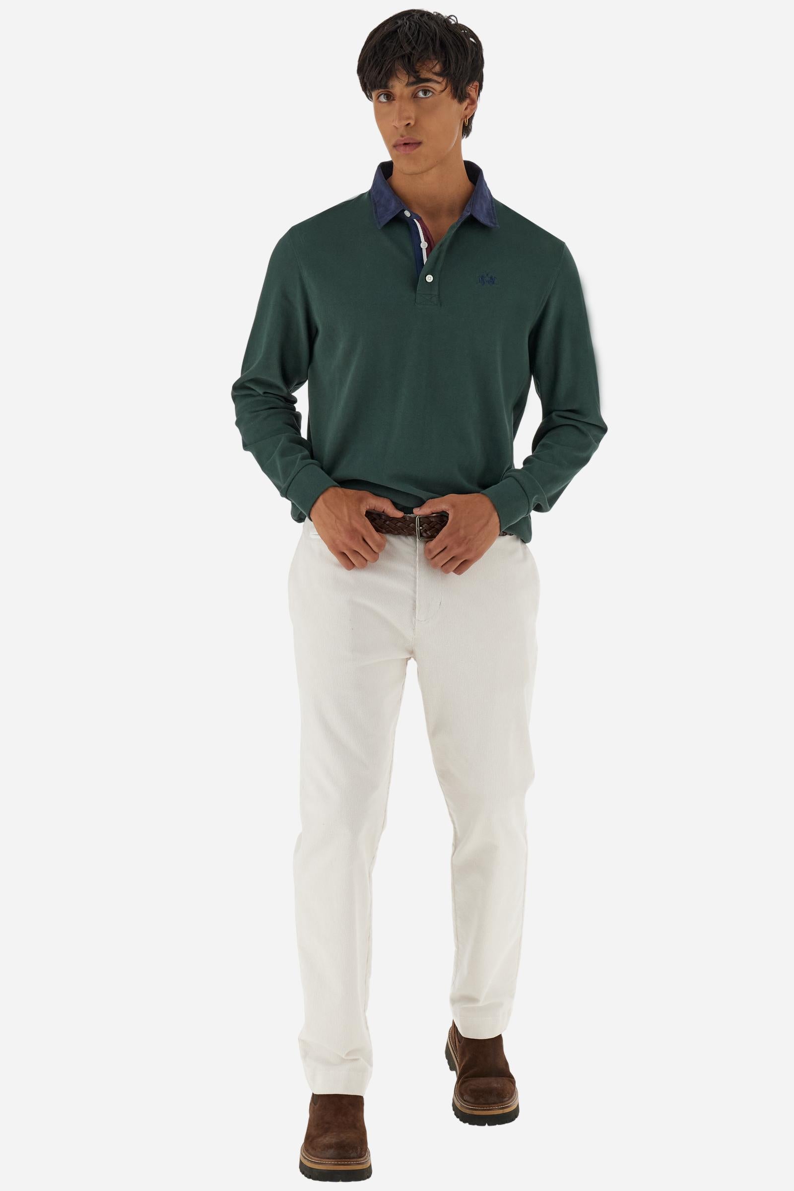Classic men’s long-sleeve polo in soft-touch 100% cotton jersey. Contrast gabardine collar, three-button placket with multicolor striped tape. Iconic La Martina lettering printed in contrast under the collar. Small contrast logo embroidered on the chest. Regular fit for a balanced silhouette. Model wears size L. - Sycamore