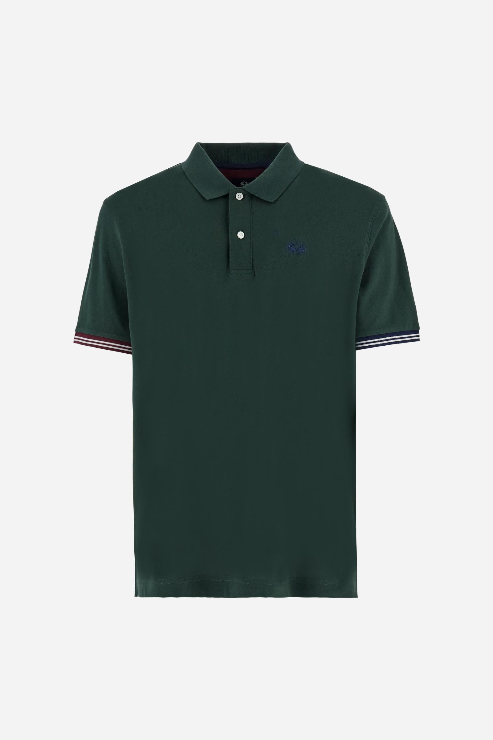 Men’s short-sleeve polo in high-quality stretch cotton piqué, ensuring excellent breathability and flexibility. Classic ribbed collar, two-button placket with customized buttons. Inner collar enriched with contrast tapes and colors for a modern touch. Multicolored ribbed cuffs with different patterns. Small contrast logo embroidered on the chest. Regular fit. Model wears size L. - Sycamore
