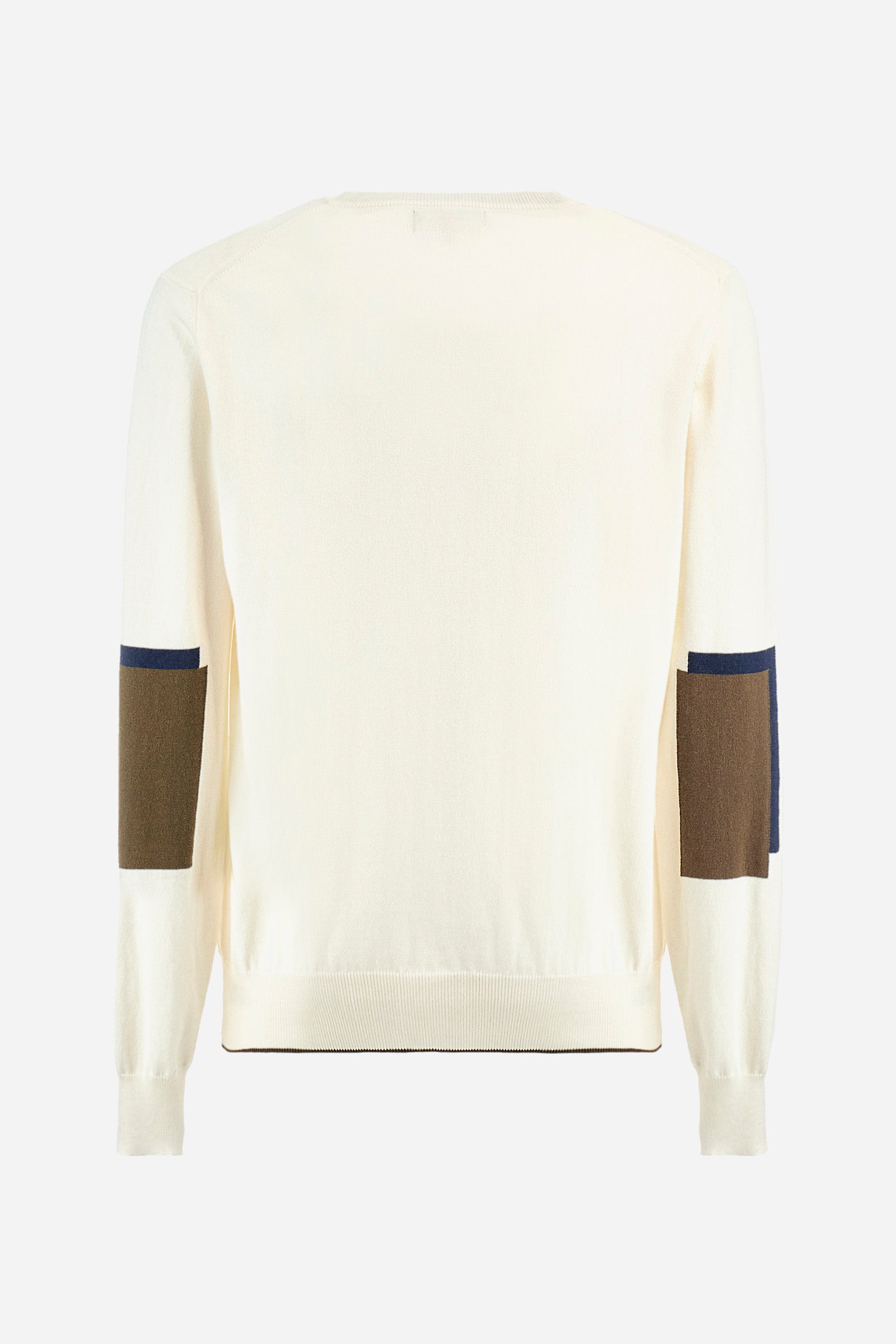 Men's long-sleeved plain crew neck pullover, made from cotton and wool. Ribbed cuffs and hem. Contrasting coloured fabric patches appliquéd on the elbows. The logo is embroidered on the front. Regular fit. The model is wearing a size L. - Off White