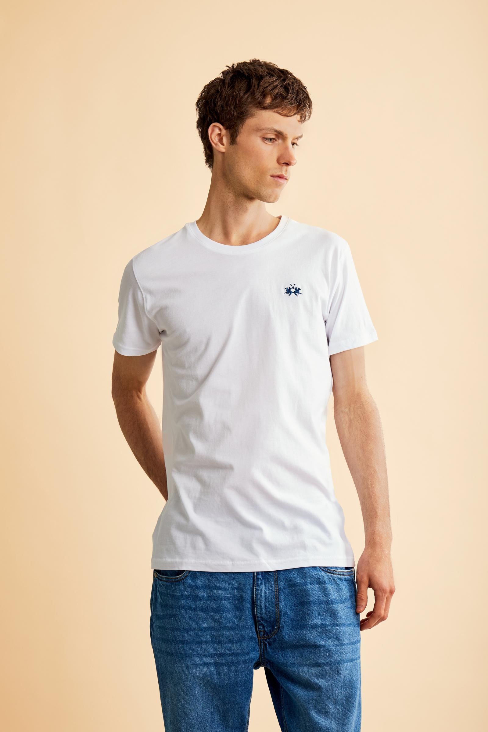 Men's short-sleeved crew-neck T-shirt in solid color with embroidered logo. Made of 100% cotton, perfect for a casual and trendy look with shorts or trousers. - Optic White