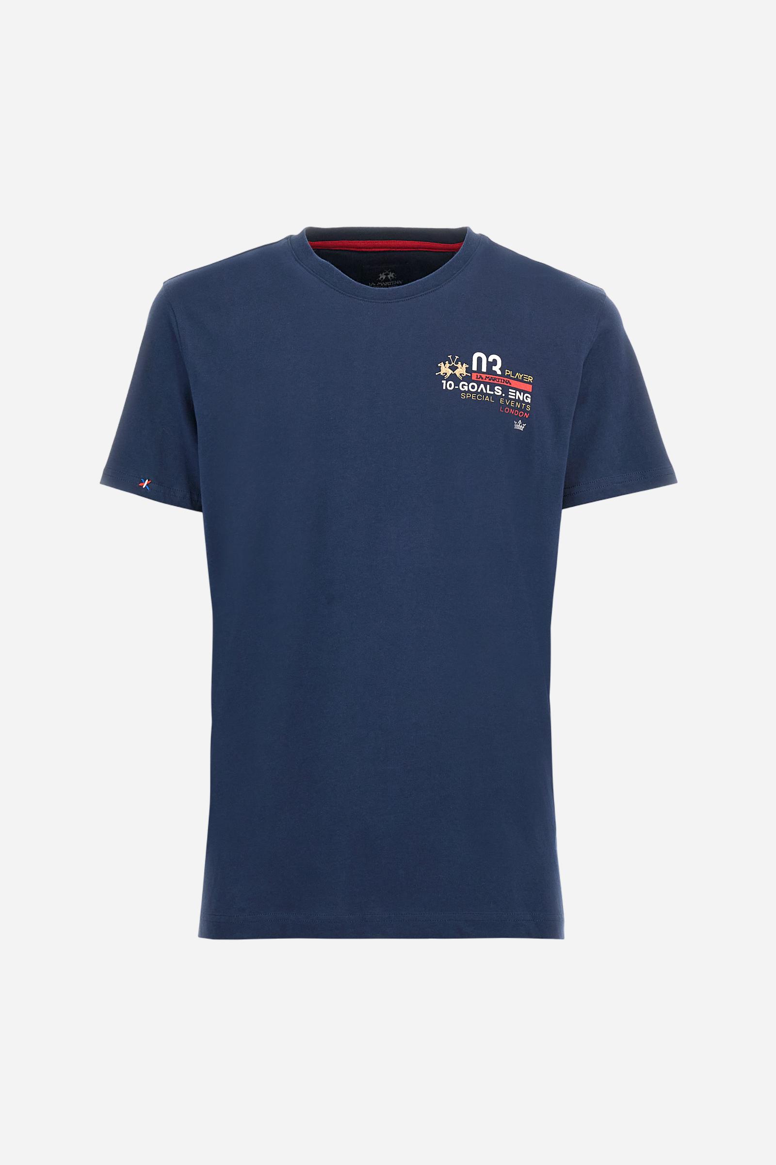 Single-colour short-sleeved men's T-shirt made of cotton jersey. Crew neck, with colour-contrasting jersey border inside. Mlticoloured lettering is printed on the chest, enriched by the embroidered brand logo. The graphics on the back are printed, while the number is a flocked transfer in a contrasting colour. On the right sleeve the small star detail is hand-embroidered with multi-coloured threads. The fit is regular. The model is wearing a size L. - Navy