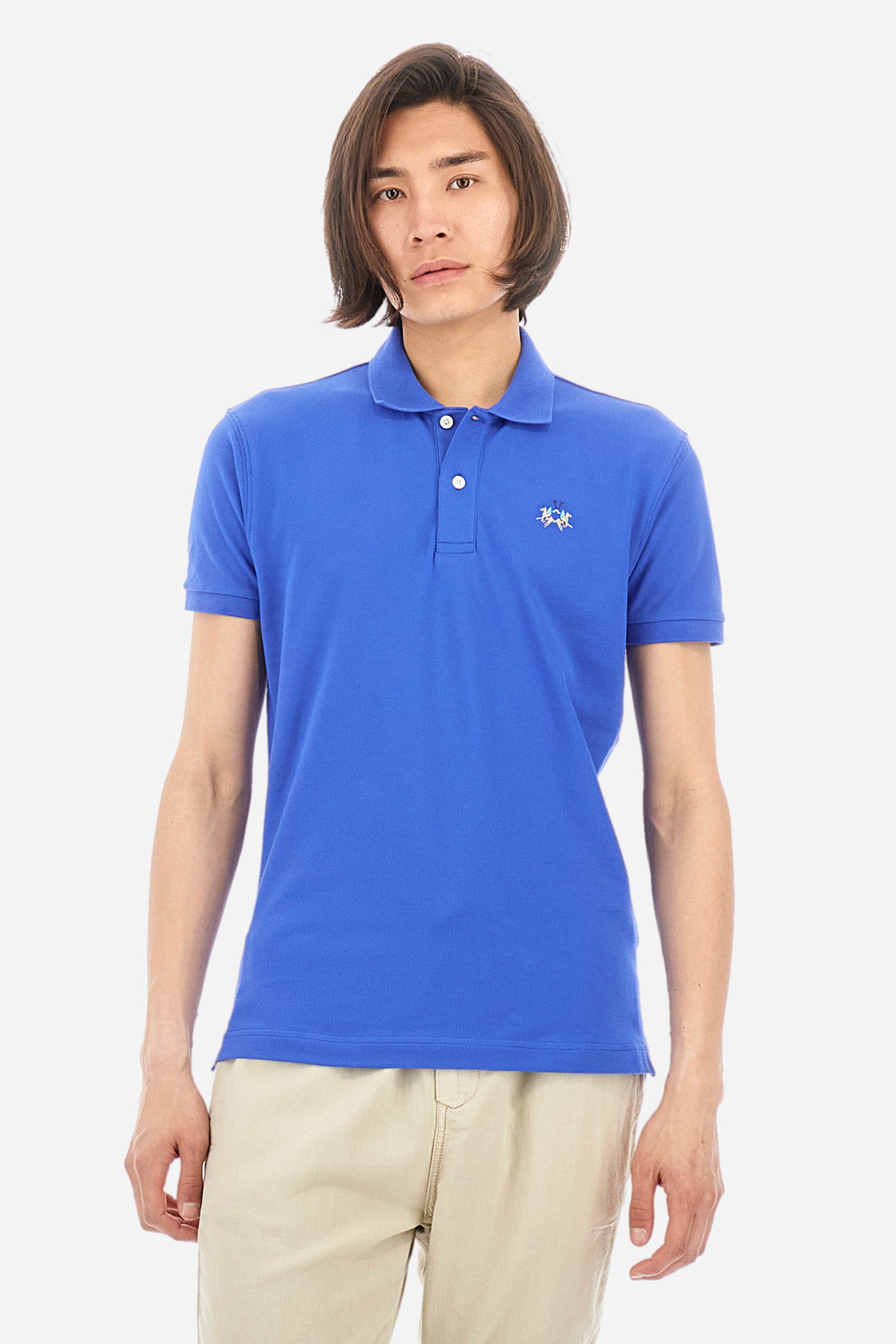 Men's short-sleeved, slim-fit polo shirt. A classic model with a contrasting embroidered La Martina logo-embellished chest. Perfect when worn with a pair of jeans from the collection. - Dazzling Blue