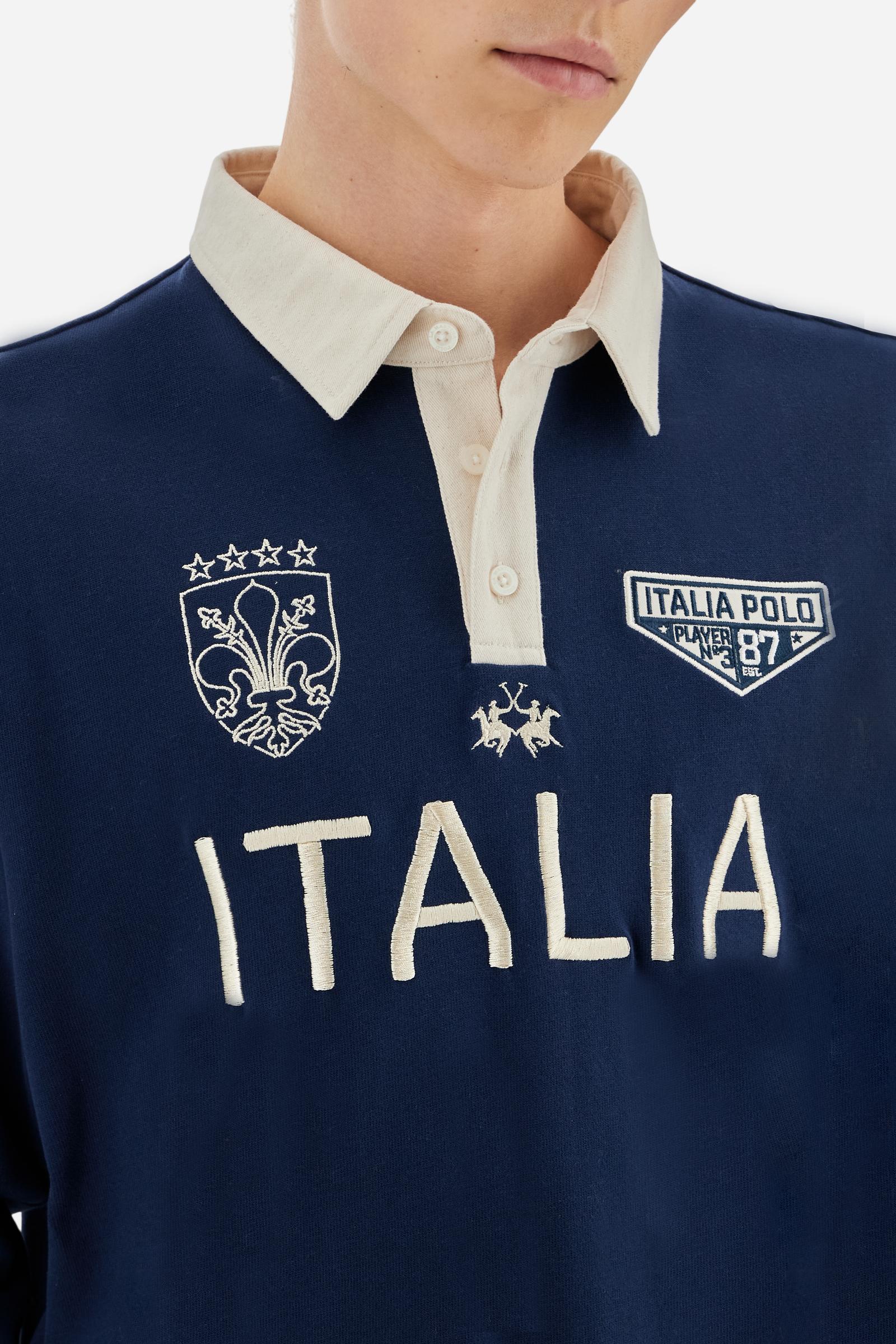 Long-sleeve polo shirt in soft, warm cotton jersey for all-day comfort. The contrasting gabardine collar adds a sophisticated touch to the clean design, while the ribbed cuffs in matching tone complete the look. On the chest, oversized colorful graphics celebrate Italy, Argentina, and England. A small embroidered logo in contrast sits below the placket. Regular fit for a relaxed silhouette that suits every body type. Model wears size L. - Navy