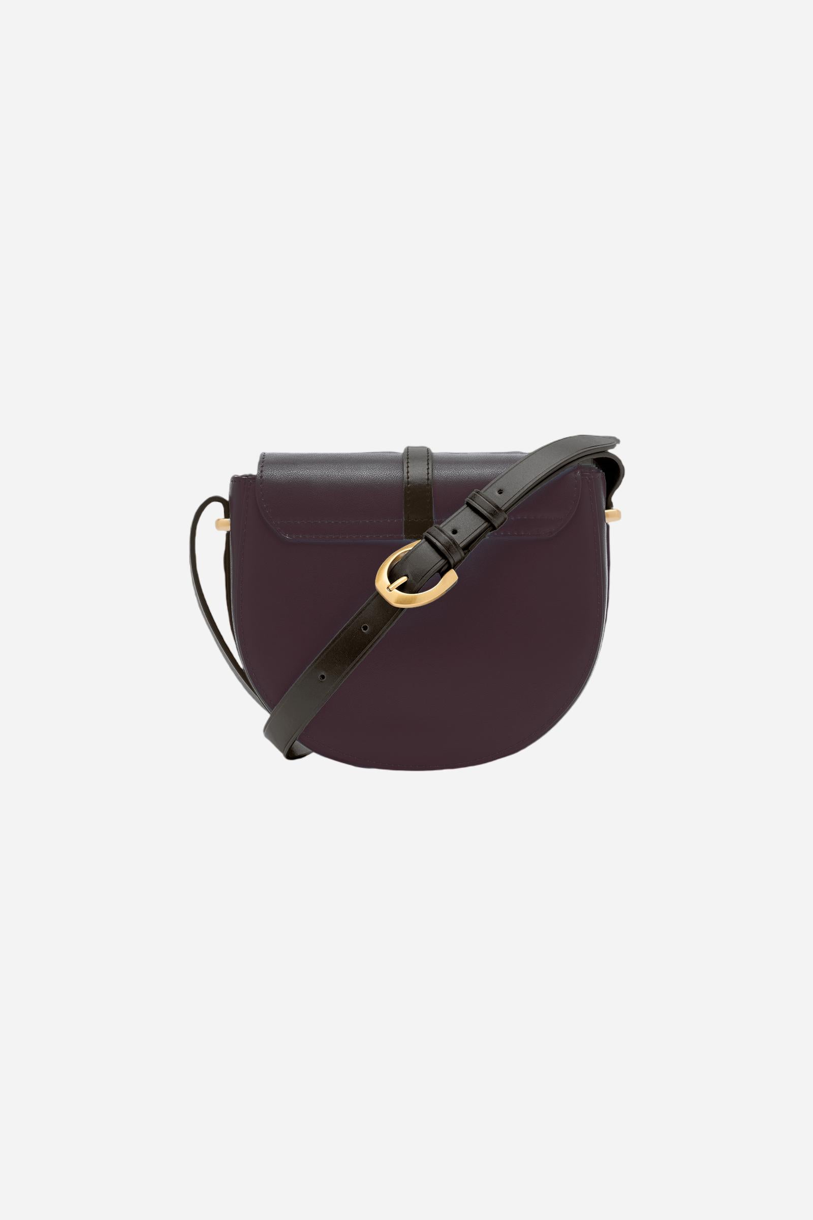 Crossbody bag in calfskin leather with curved design. Finished with flap, large golden buckle and contrasting leather details. - WINE/BLACK