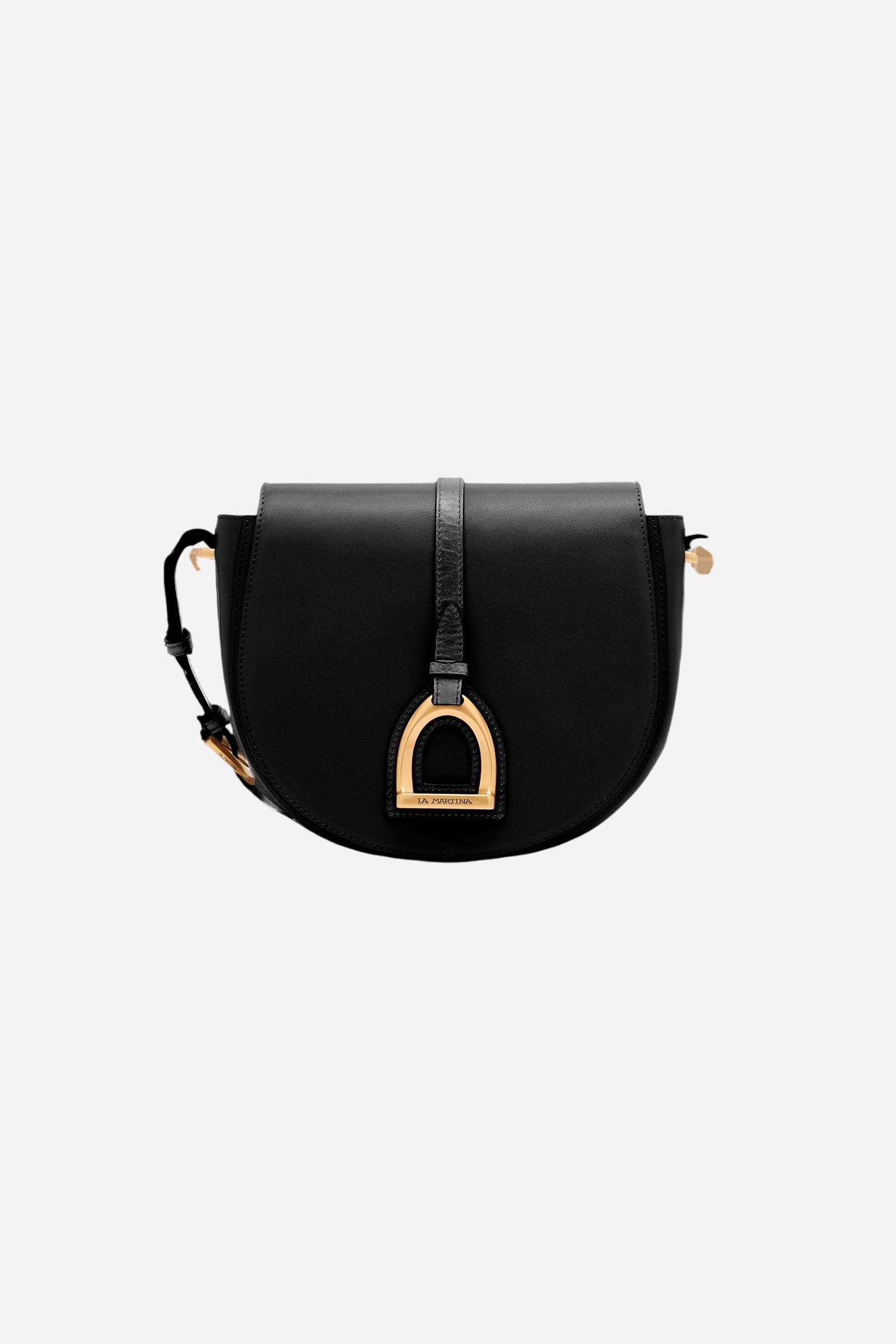 Small crossbody bag in calfskin leather and leather. Curved design with large golden buckle and contrasting details. - Black