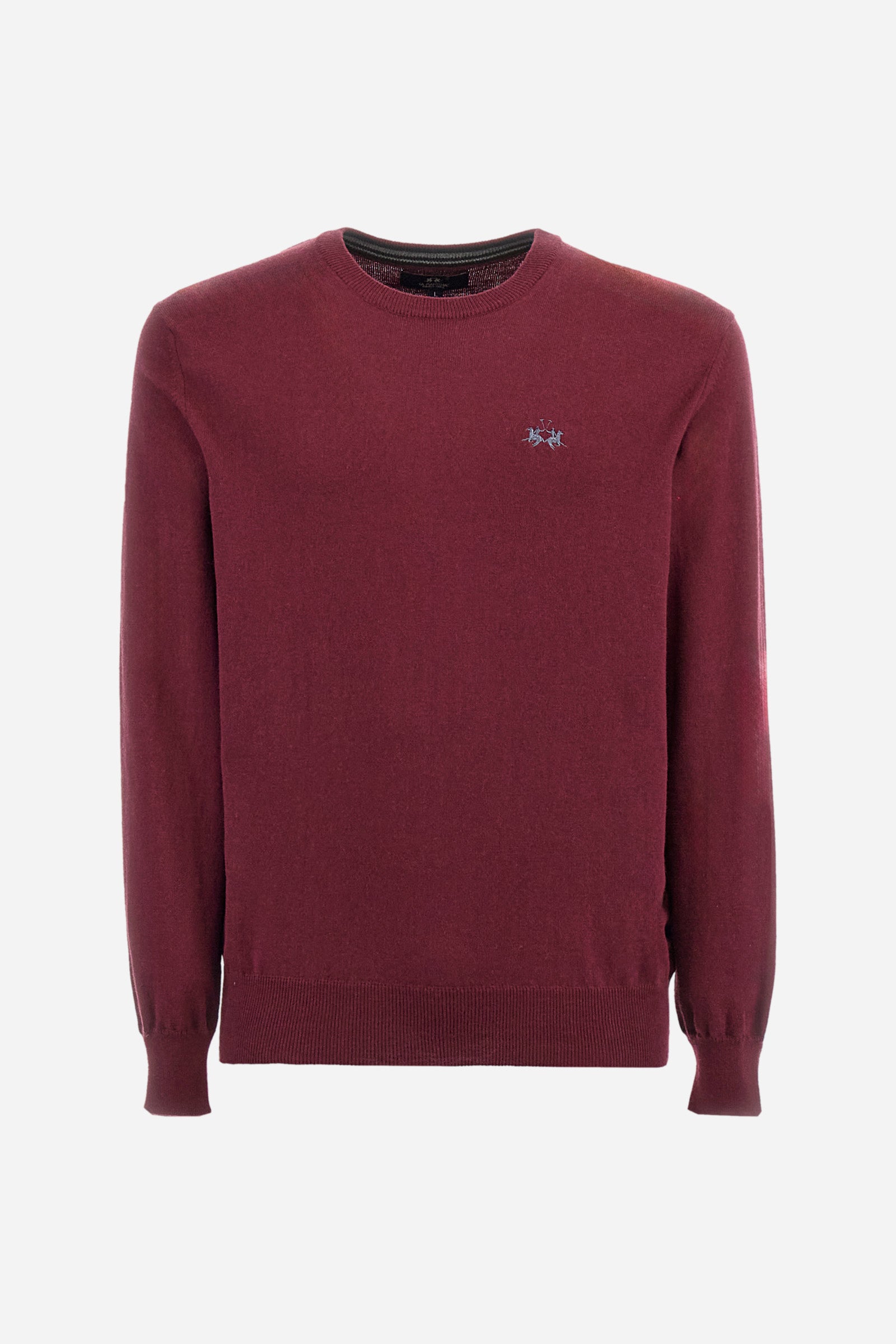 Men's plain crew neck pullover with long sleeves. Made from a blend of cotton and wool. Ribbed hem and neckline. Featuring a small embroidered logo on the front. Regular fit. The model is wearing a size L. - Port Royale