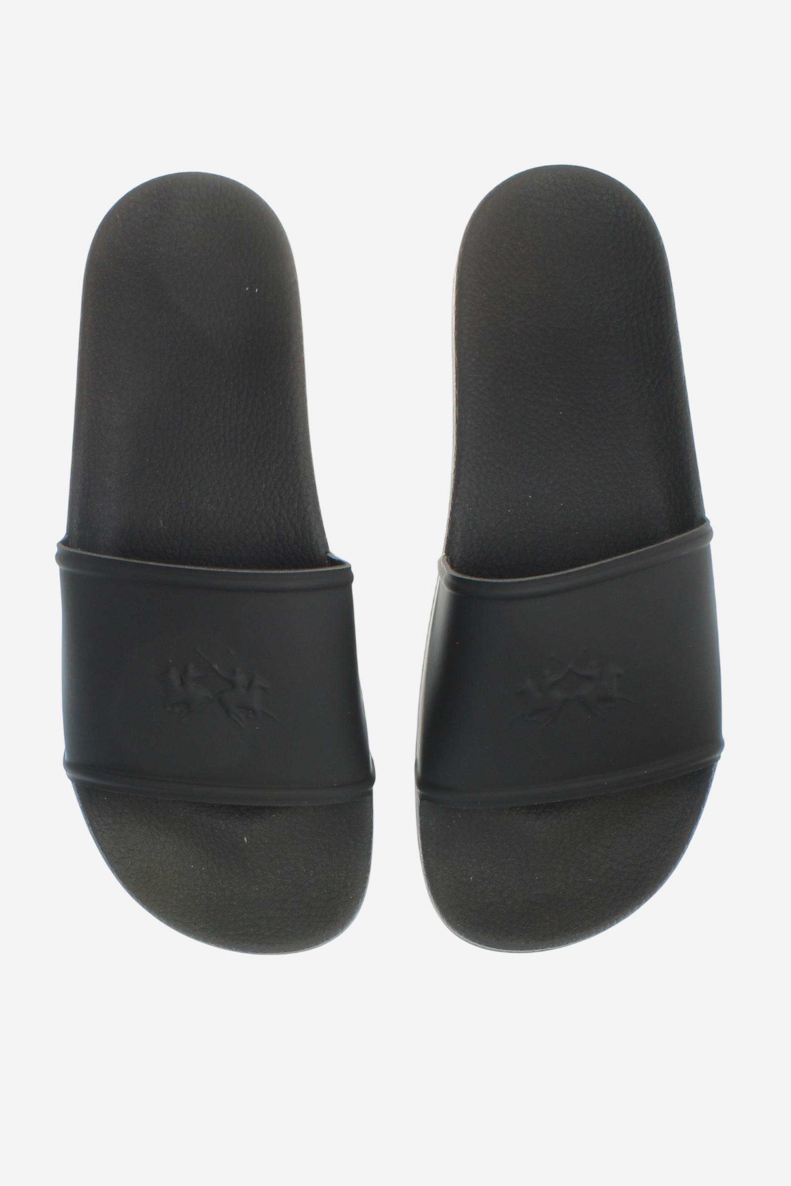 Men’s water-repellent PU slides with embossed logo and anti-slip sole. Made in Italy comfort. - Black