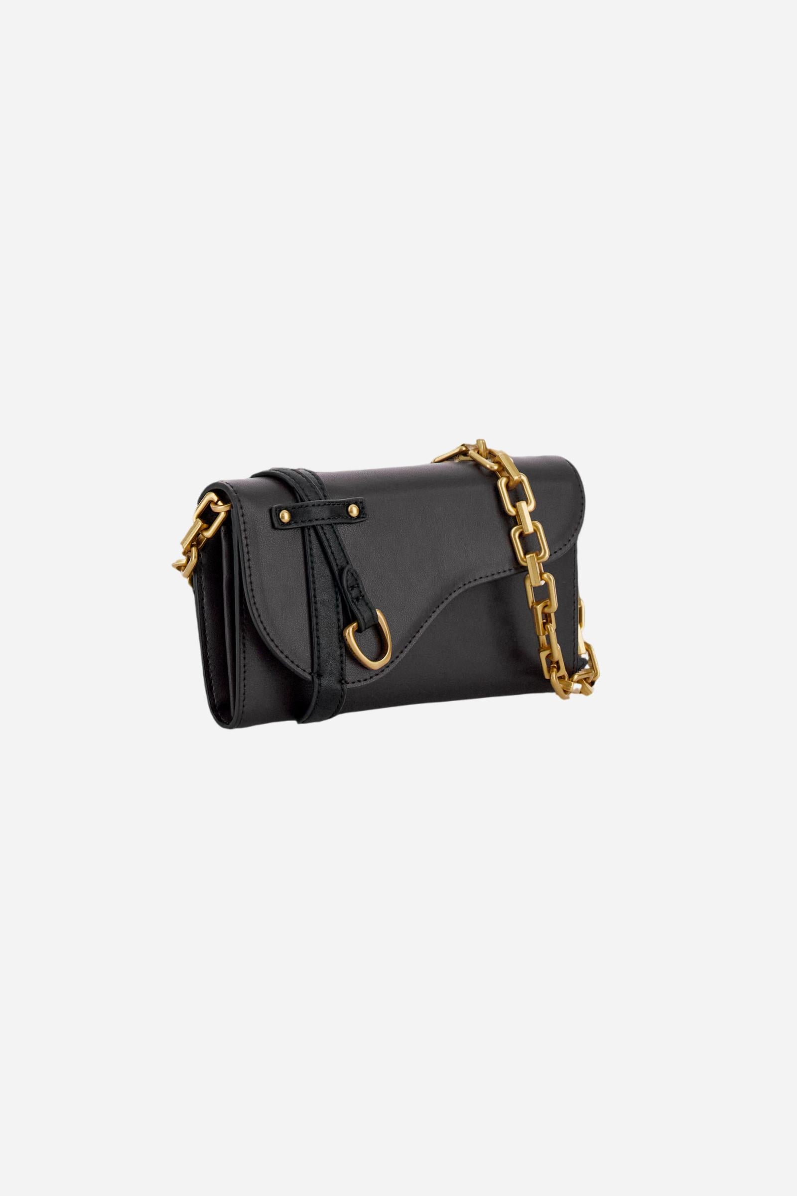 Leather chain wallet in soft calfskin with shaped flap and contrasting leather details. Decorated with a small golden buckle and engraved logo. - Black