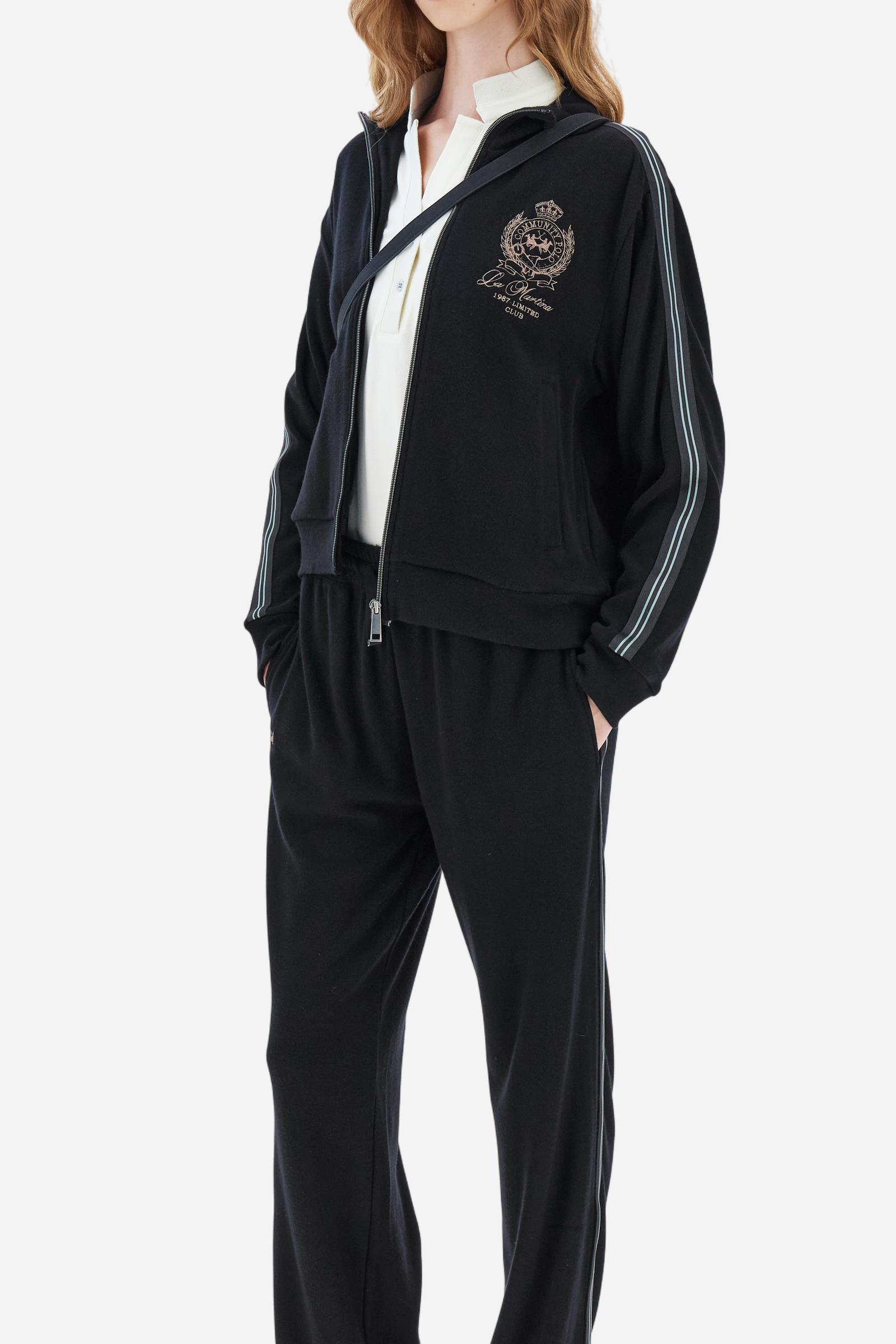 Women’s joggers in viscose-blend interlock fleece, straight fit with slightly flared hem and striped side bands. - Black