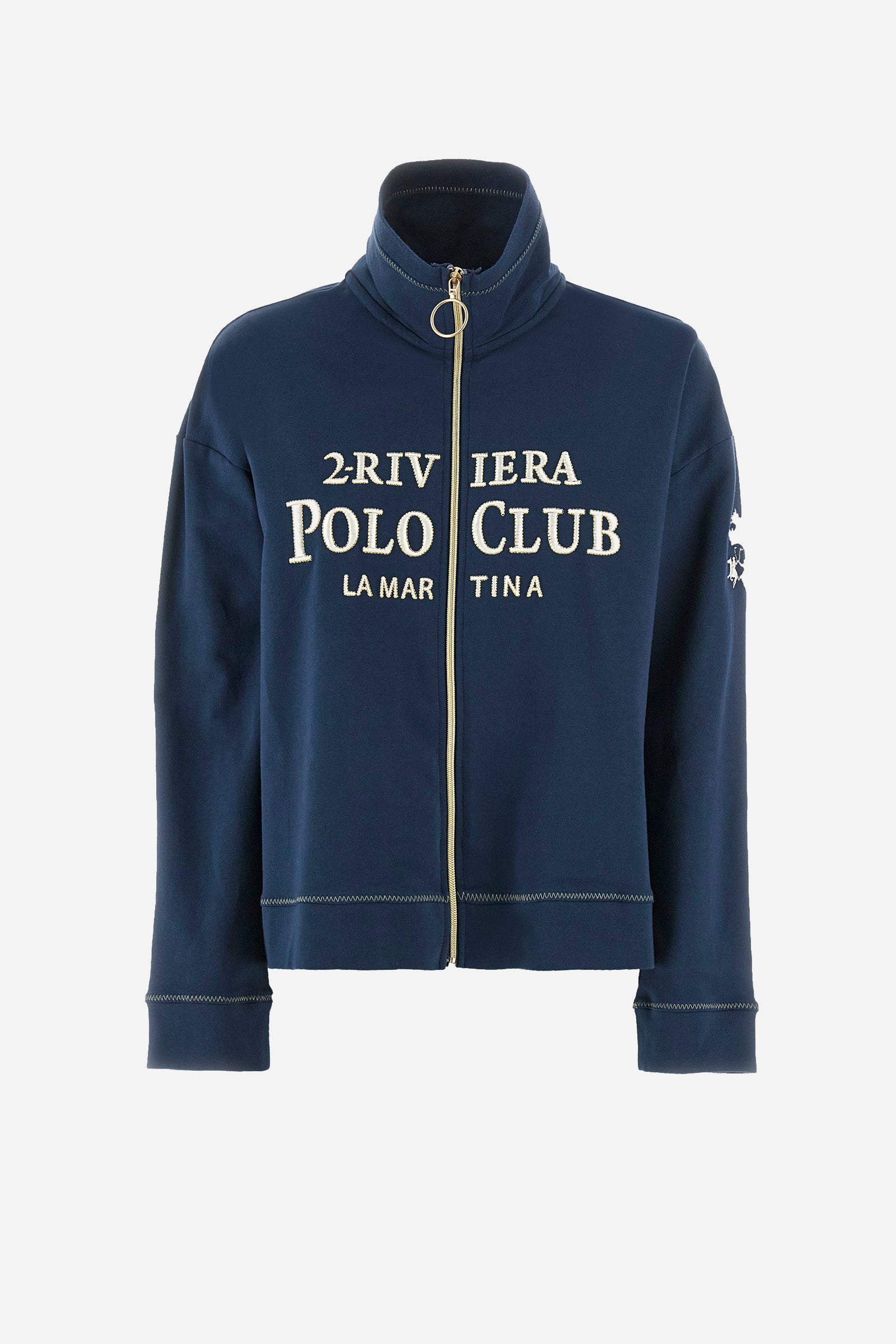 Women’s sweatshirt with long sleeves in solid color with full zip closure in contrasting tone. Made of stretch cotton. Wide neck, can be zipped up high. Contrasting embroidered lettering and logos on the front and sleeves recall the Polo Club Grand Hotel capsule collection. Regular fit. The model wears a size 2. - Navy