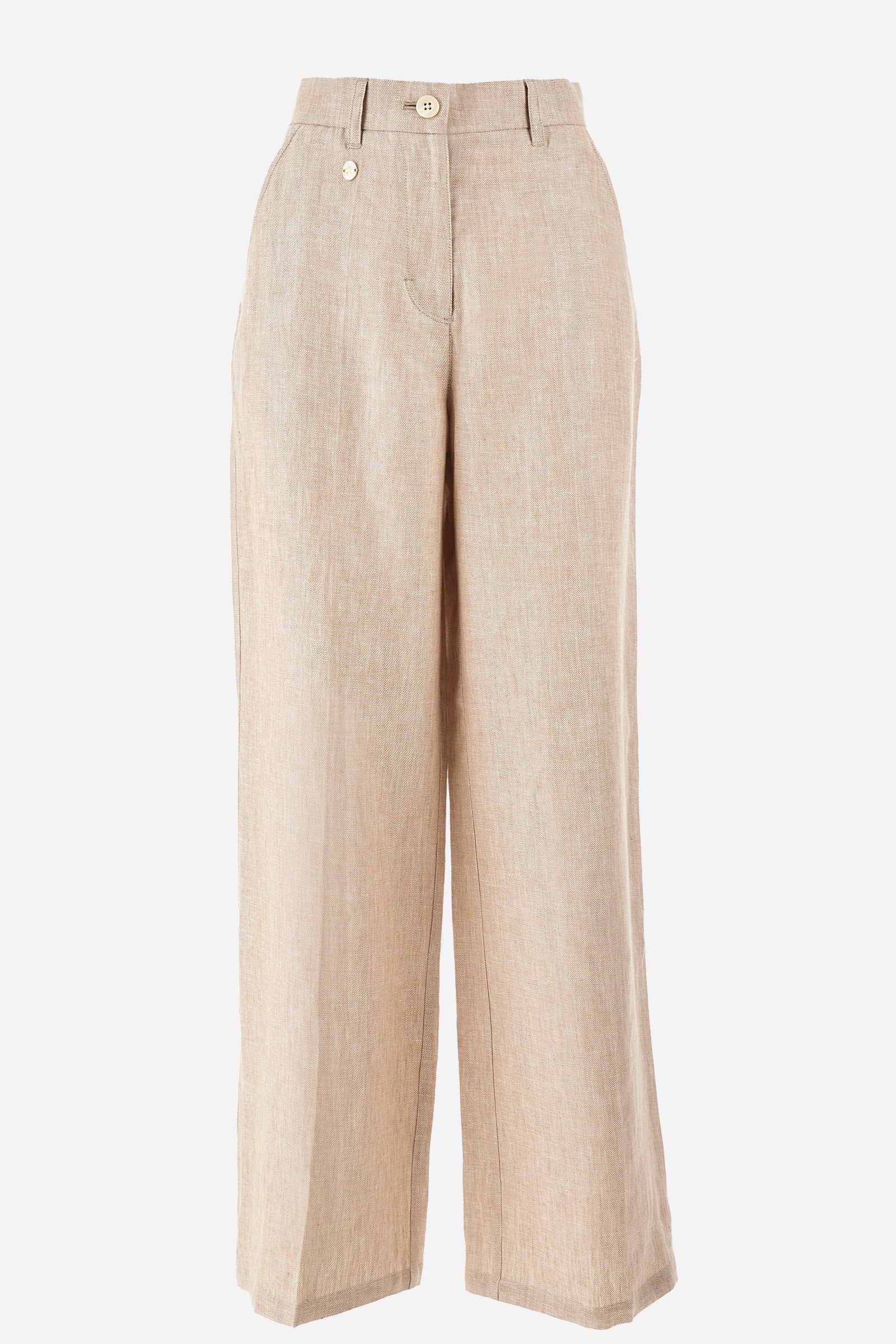 Single-colour women's palazzo trousers, made of 100% linen. With belt loops, zip and button fastening. There are two open pockets on the front and two open back pockets. The logo is present on a metal plate sewn on the front. The fit is regular. The model wears a size 28. - Tidal Foam