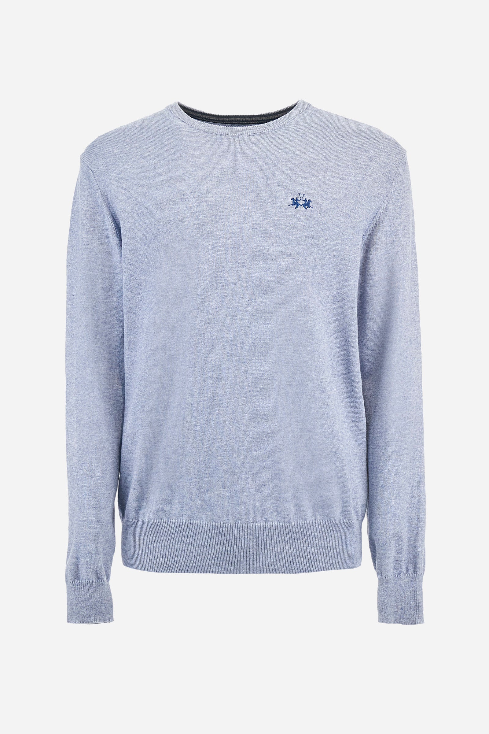 Men's plain crew neck pullover with long sleeves. Made from a blend of cotton and wool. Ribbed hem and neckline. Featuring a small embroidered logo on the front. Regular fit. The model is wearing a size L. - Cashmere Blue Melang