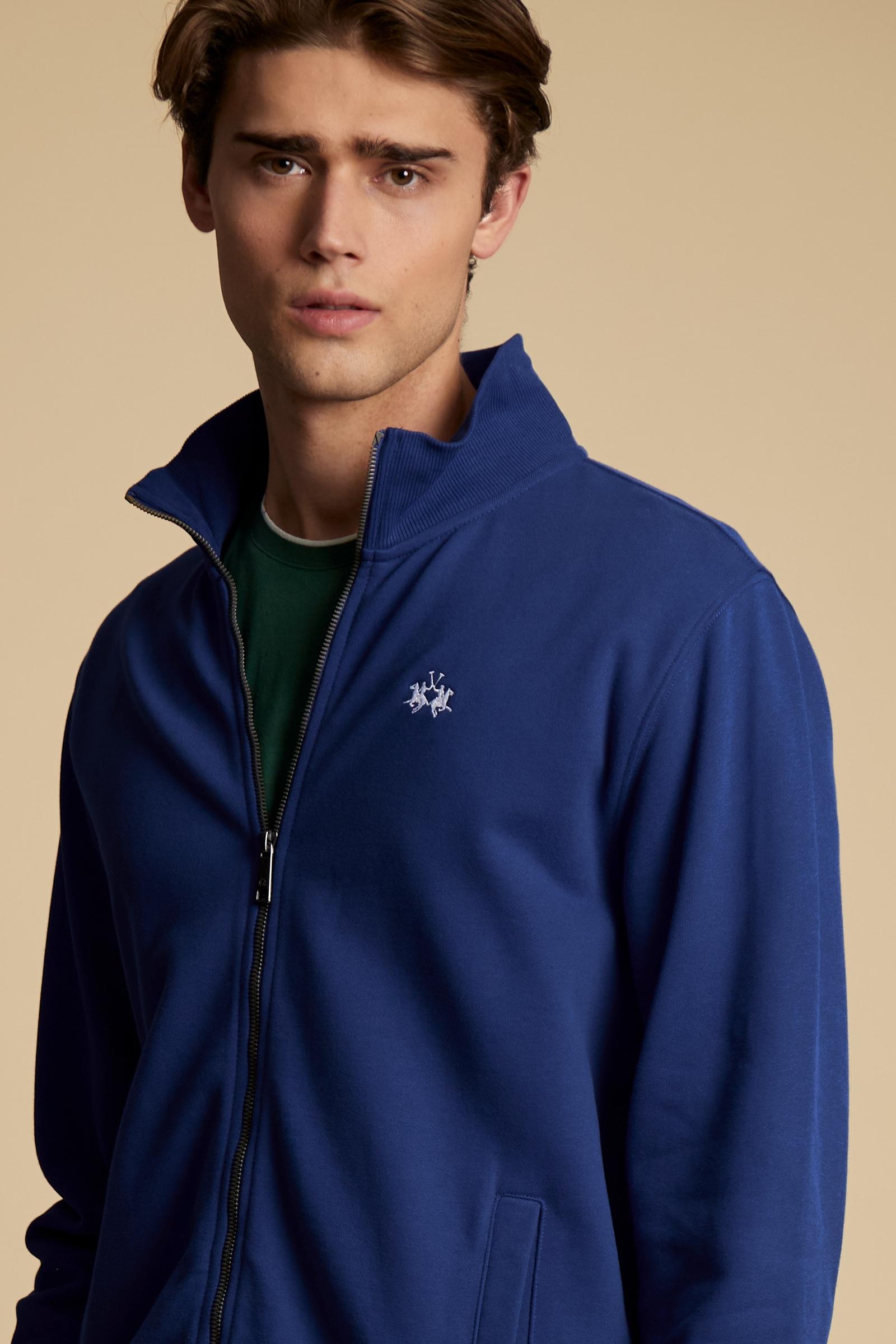 Men’s cotton French Terry sweatshirt with full zip, regular fit and ribbed details. Contrast embroidered brand logo. - Mazarine Blue