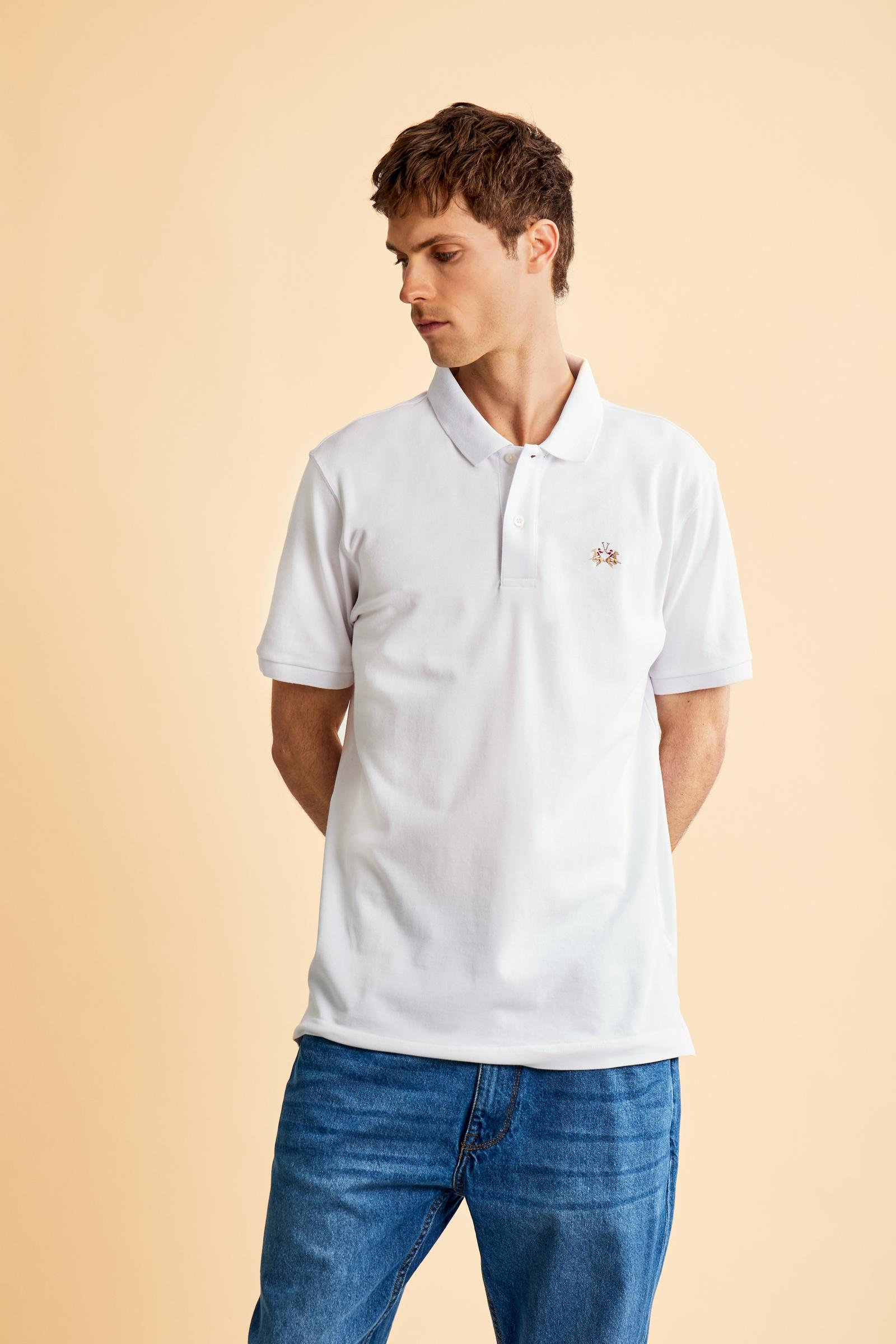 Men's short-sleeved cotton piqué polo shirt. Regular fit with fabric detail under the collar. - Optic White