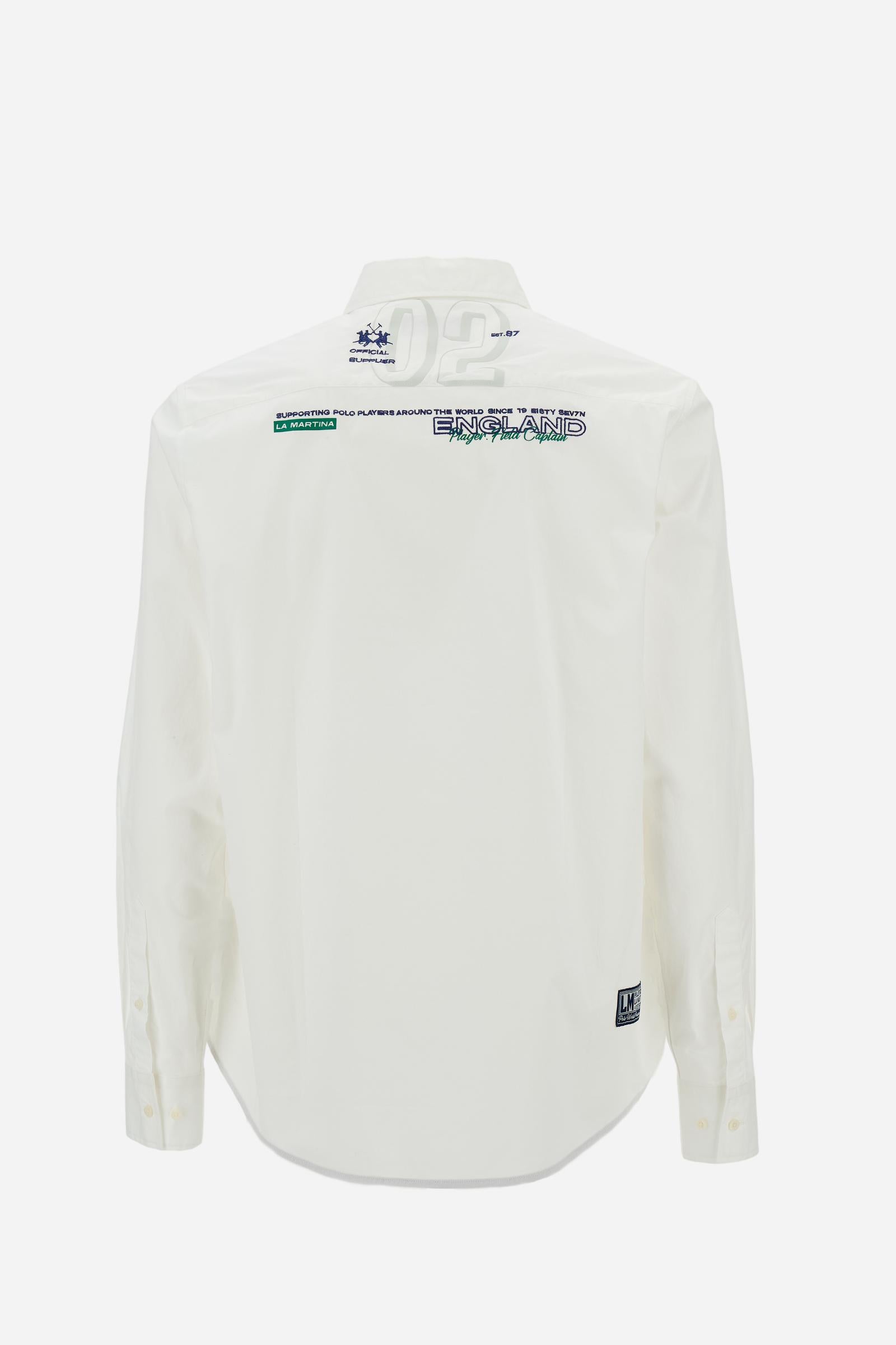 Men’s long-sleeve shirt in stretch cotton poplin with a classic collar, adjustable cuffs, front graphics, and maxi logo on the back for a stylish look. - Optic White