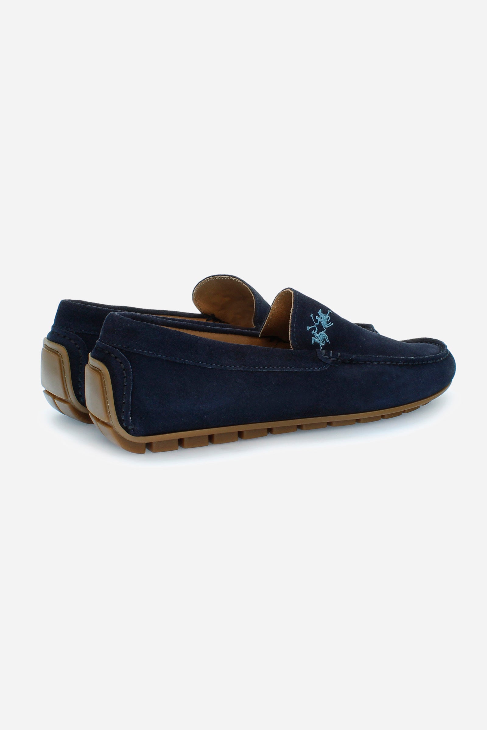 Men's loafers in soft suede for the summer season. Made using the tubular technique to give the model softness and flexibility. The full-colour suede is delicately punctuated by the embroidery of the logo in a contrasting colour on the faceplate and the hand-stitched ends of the faceplate. For both leisure and informal occasions, helping to create a sporty yet refined look. - BLUE