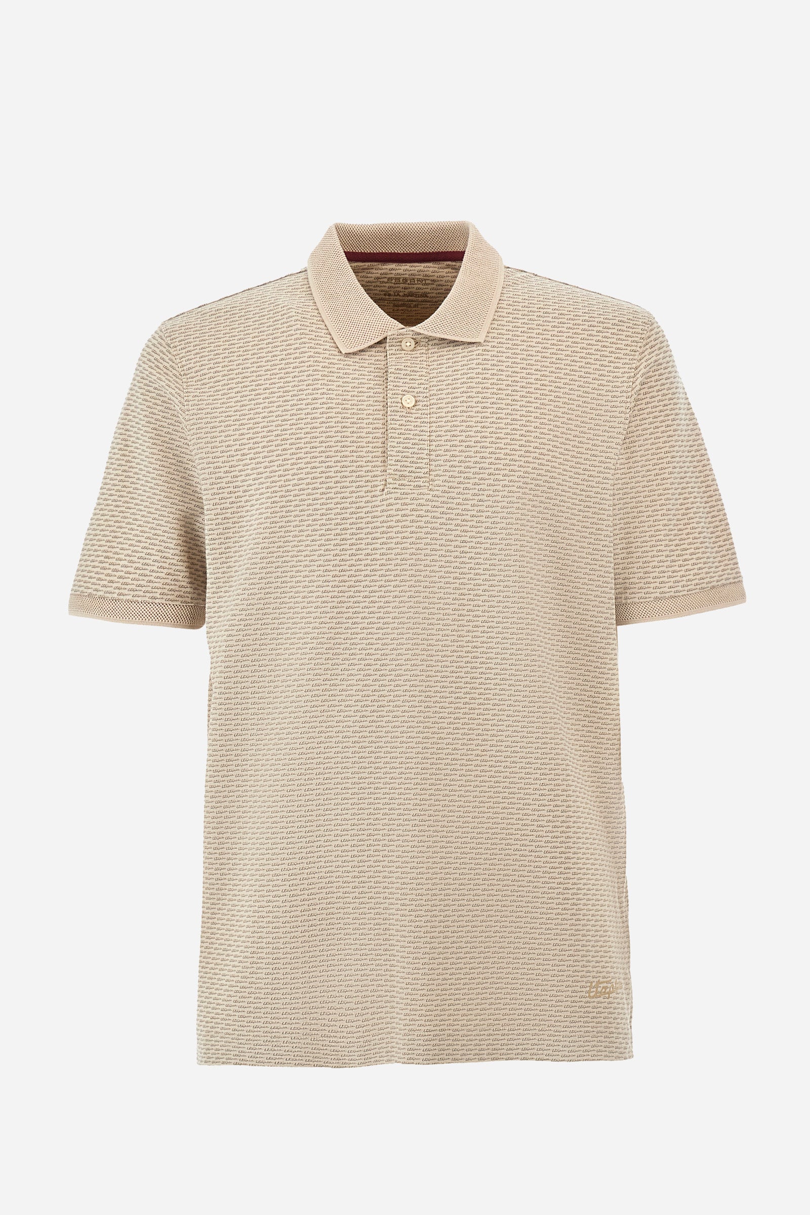 Single-colour men's polo shirt with short sleeves from the line in collaboration with Pagani. Made of stretch cotton. Two-button fastening. The collar and armholes feature a different texture. The garment features lettering throughout. A patch with the brand's name and logo and the word "Pagani" is applied on the back. The fit is regular. The model wears a size L. - RAINYDAY/FEATHERGRAY