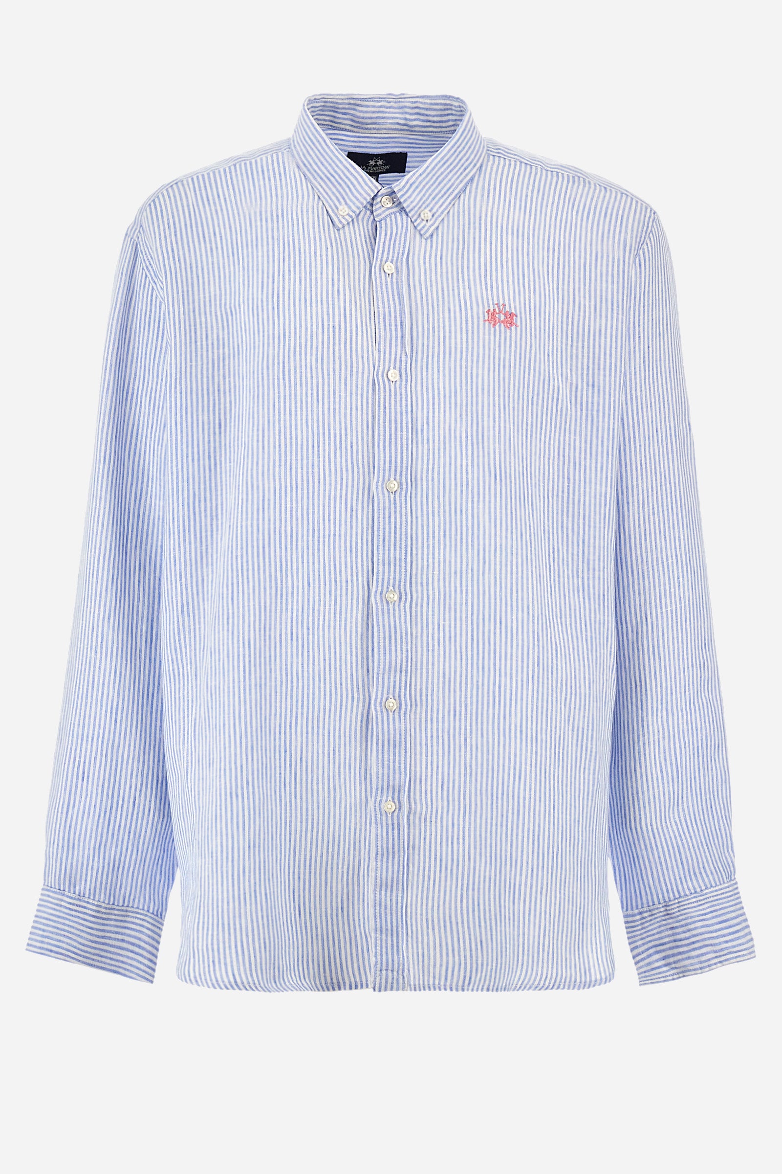 Men's long-sleeved shirt with a striped print, made of 100% linen. Button-down collar. With buttoned cuffs. With a small contrasting logo embroidered on the front. The fit is regular. The model wears a size L. - Op.White/Cornfl.Blue