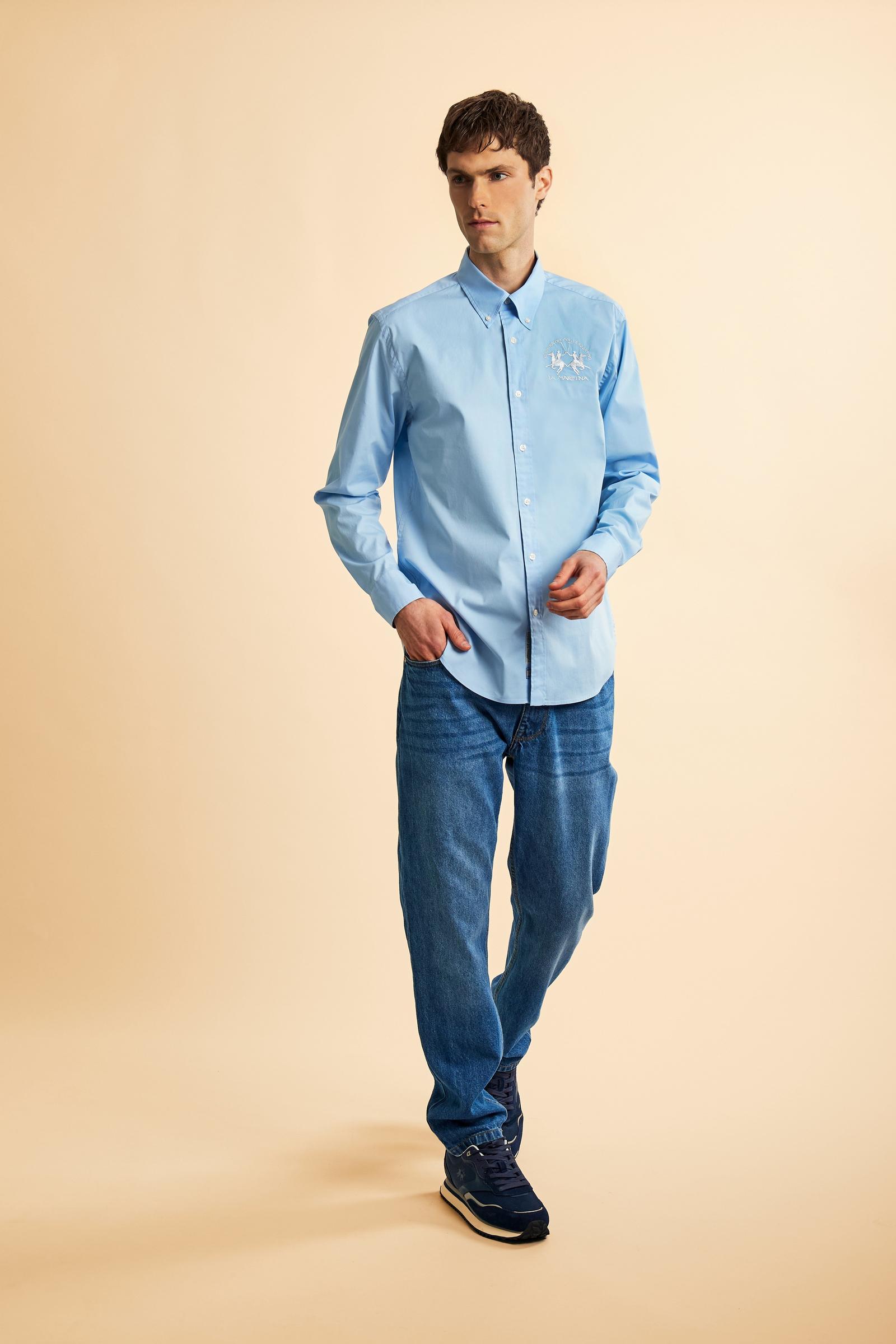 Men's long-sleeved shirt in cotton poplin with a regular-fit and button-down collar - Blue Bell