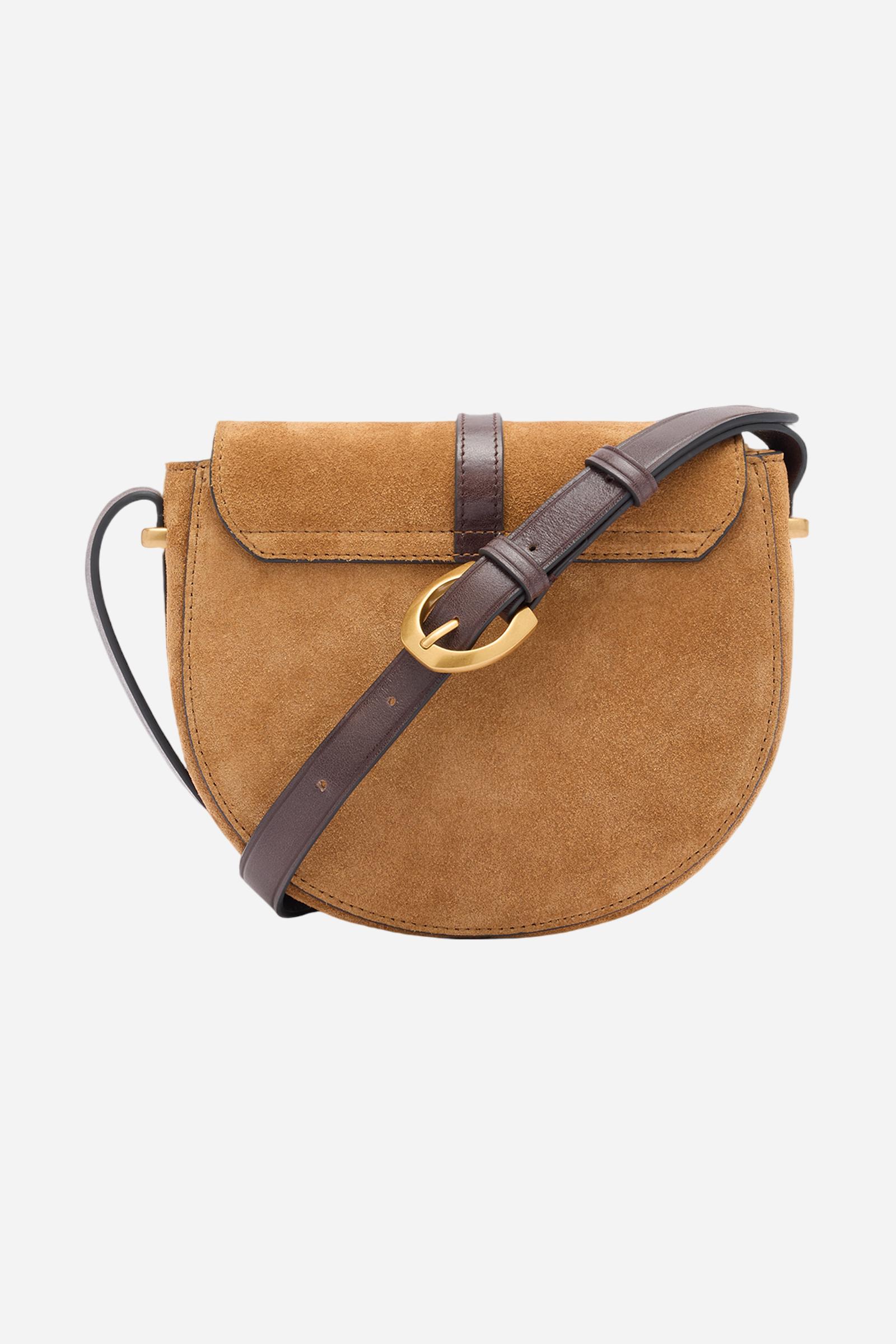 Crossbody bag in suede with curved design. With front flap, large golden buckle and contrasting leather details. - HONEY/DARK CHOCOLATE