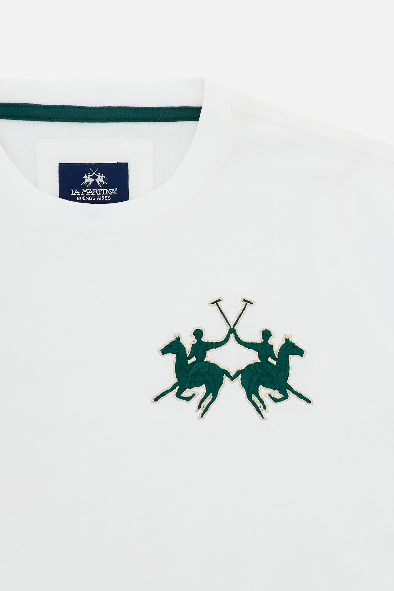 T-shirt in heavy cotton jersey with a structured, boxy fit. Dropped shoulders and clean lines. Large contrasting 3D embroidered logo on the chest. - Optic White