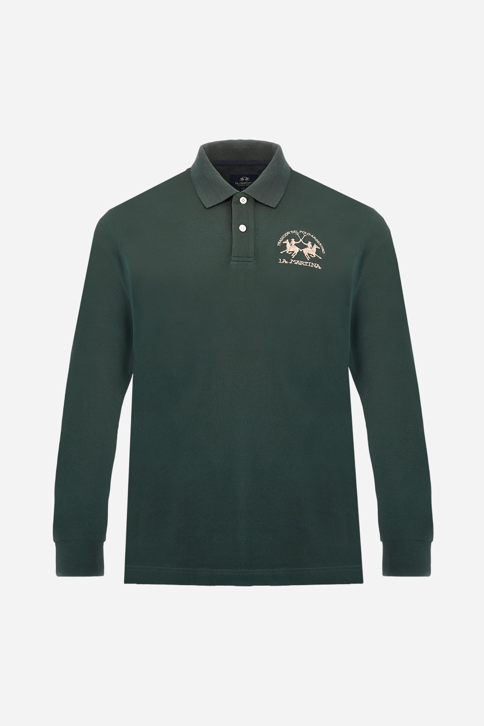 Men's long-sleeved solid colour polo shirt. Made of high-quality stretch Piqué. The collar and cuffs are in solid colour ribbing. The undercollar features a print of the iconic La Martina lettering in a contrasting colour. Featuring a logo embroidered on the chest in a contrasting colour. On the back at the bottom, the guarantee label typical of the brand's iconic models is applied. Regular fit. The model is wearing a size L. - Sycamore