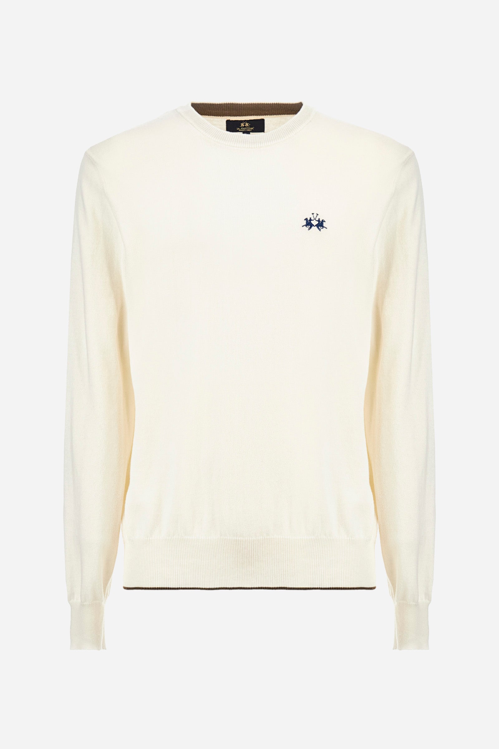 Men's long-sleeved plain crew neck pullover, made from cotton and wool. Ribbed cuffs and hem. Contrasting coloured fabric patches appliquéd on the elbows. The logo is embroidered on the front. Regular fit. The model is wearing a size L. - Off White