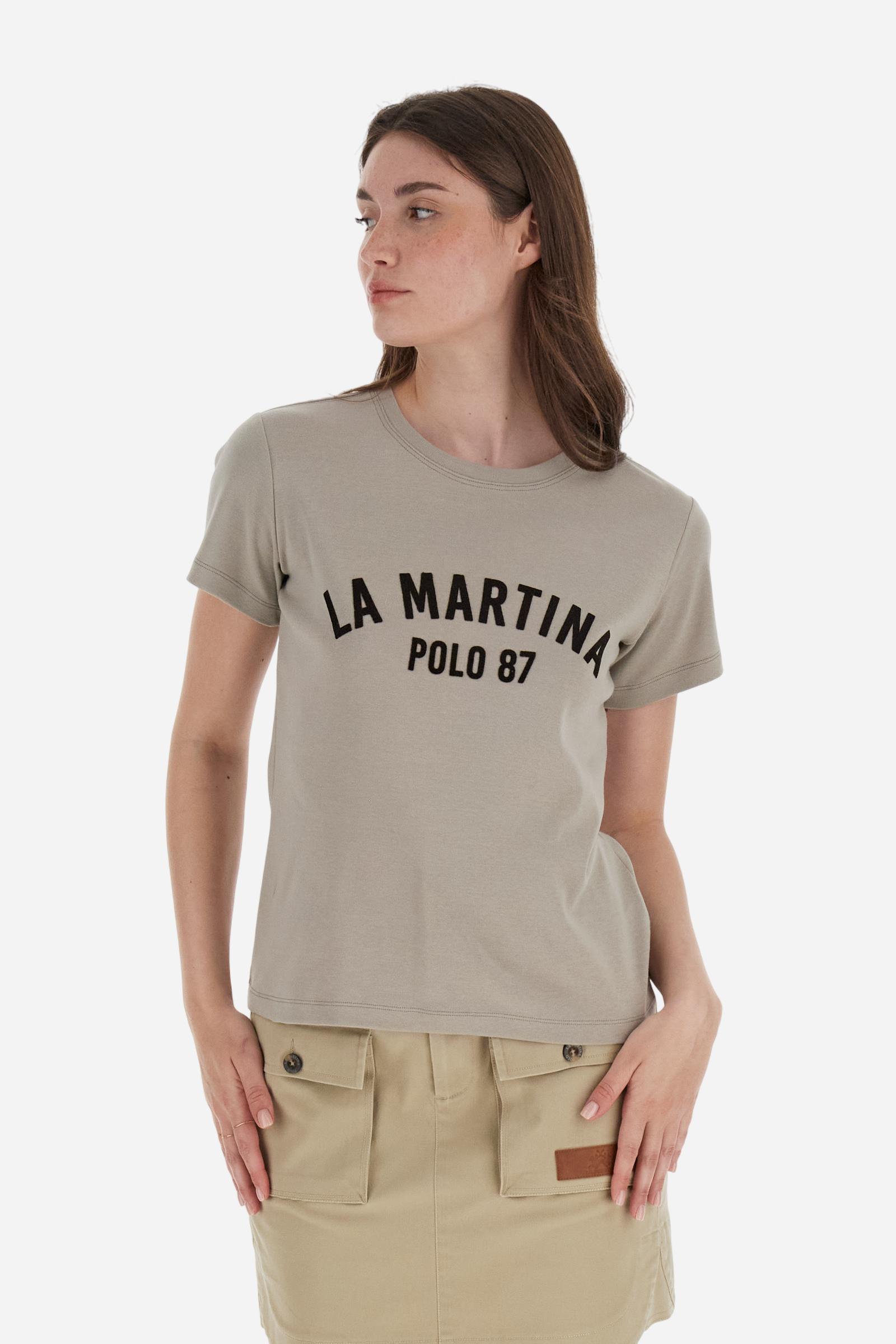 Women’s short-sleeve T-shirt in 100% cotton ribbed jersey. Crew neck model with contrast detail inside the neckline and maxi flock print of the brand logo on the chest in contrast colour. Slim fit. The model wears size 2. - Moon Rock