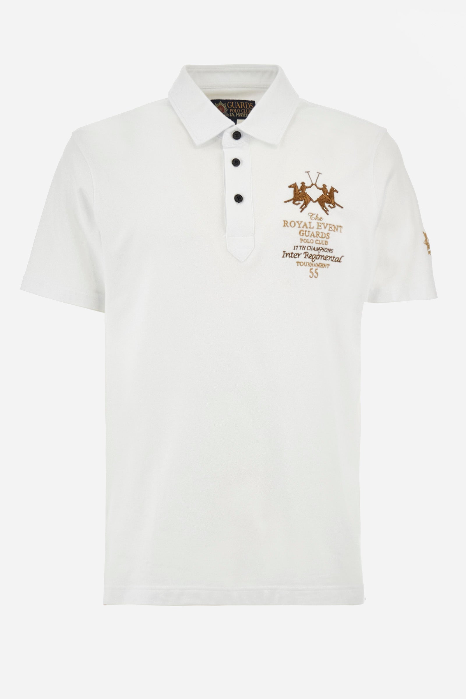 Men's short-sleeved single-colour polo shirt in elasticated cotton. Two-button fastening. Pointed collar. On the front we find copper-coloured lettering and a large logo. On one of the sleeves there is a symbol representing the Guards line. The fit is regular. The model wears a size L. - Optic White