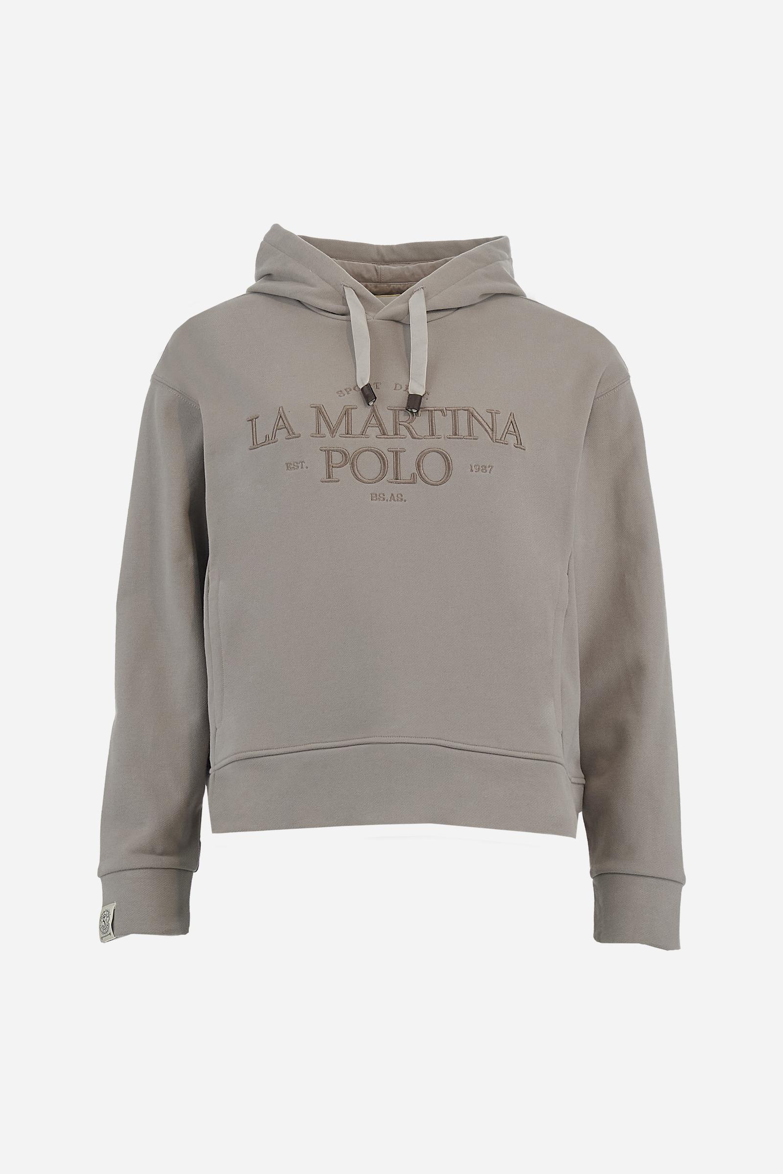 Women’s hoodie with long sleeves in 100% cotton french terry, solid colour with a velvety and warm touch. The hood is lined in tone-on-tone jersey and finished with a velvet drawstring. The chest graphic recalls the refined aesthetics of the Royal Polo theme, while the small brand logo is tone-on-tone embroidered on the sleeve. The model wears size L. - Moon Rock