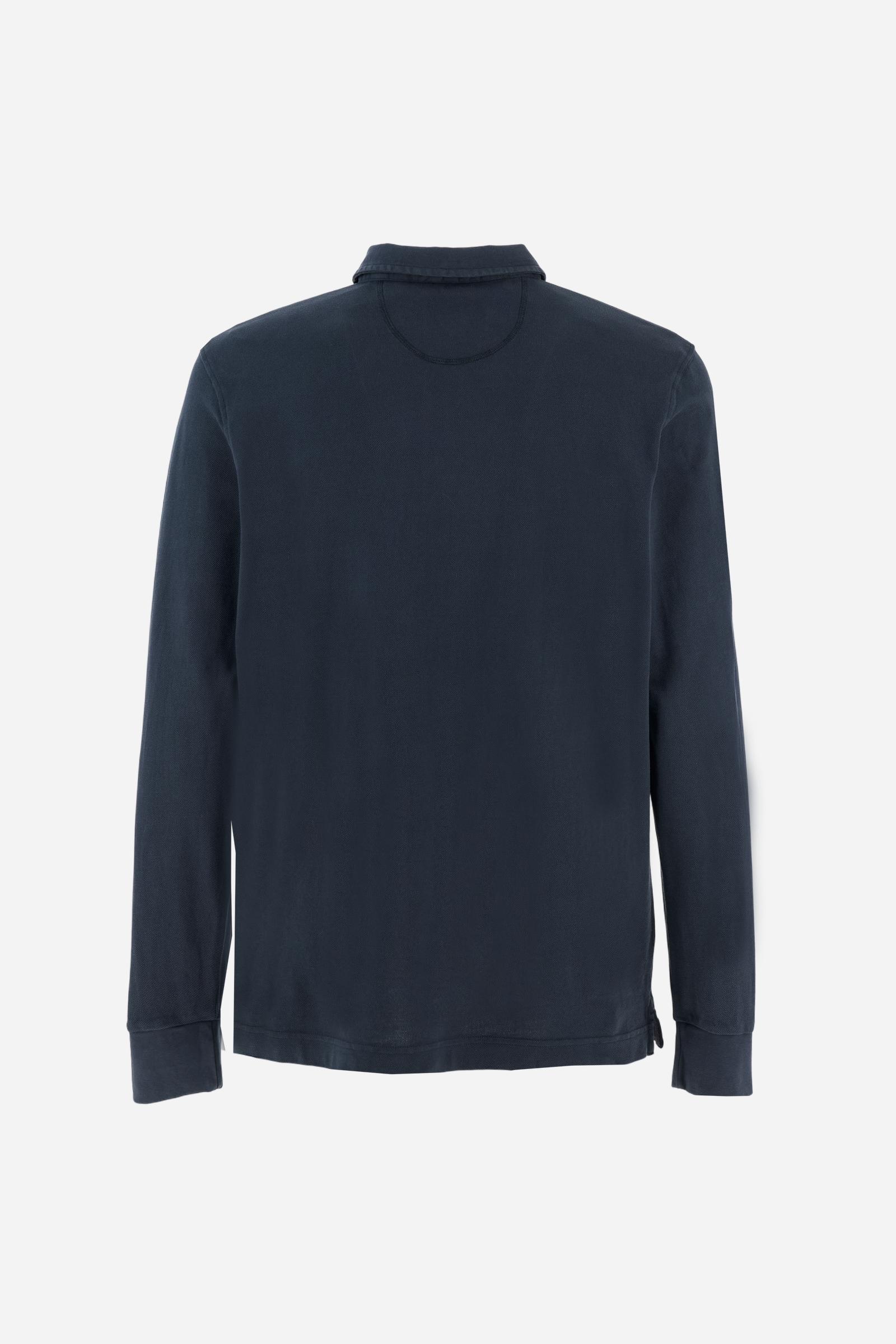 Men’s long-sleeve polo in cotton piqué garment dyed with tone-on-tone patches and embroidery. Regular fit and authentic La Martina style. - Navy